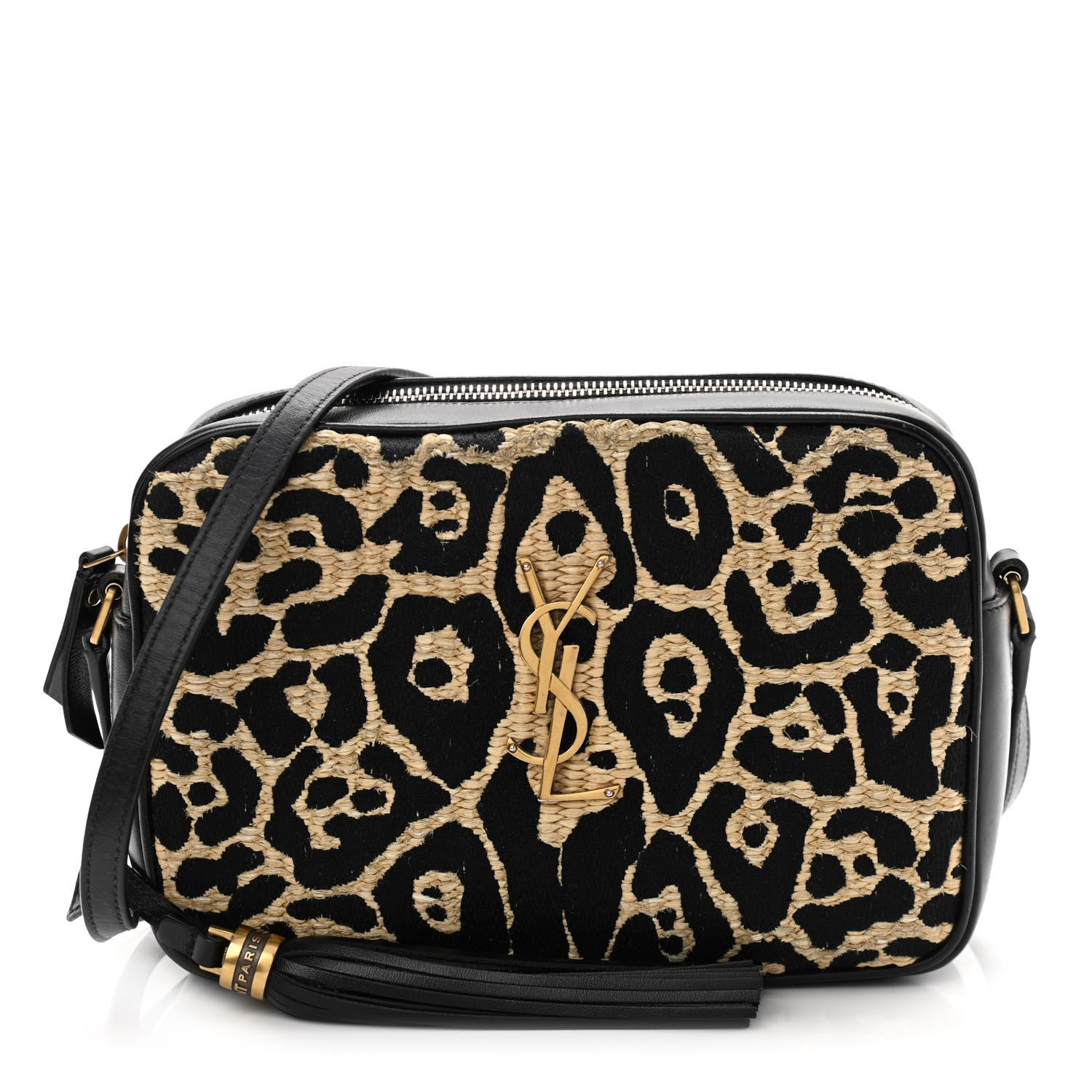 Saint Laurent Raffia Calfskin Leopard Print Monogram Lou Camera Bag Natural Beige Black 1 of 11