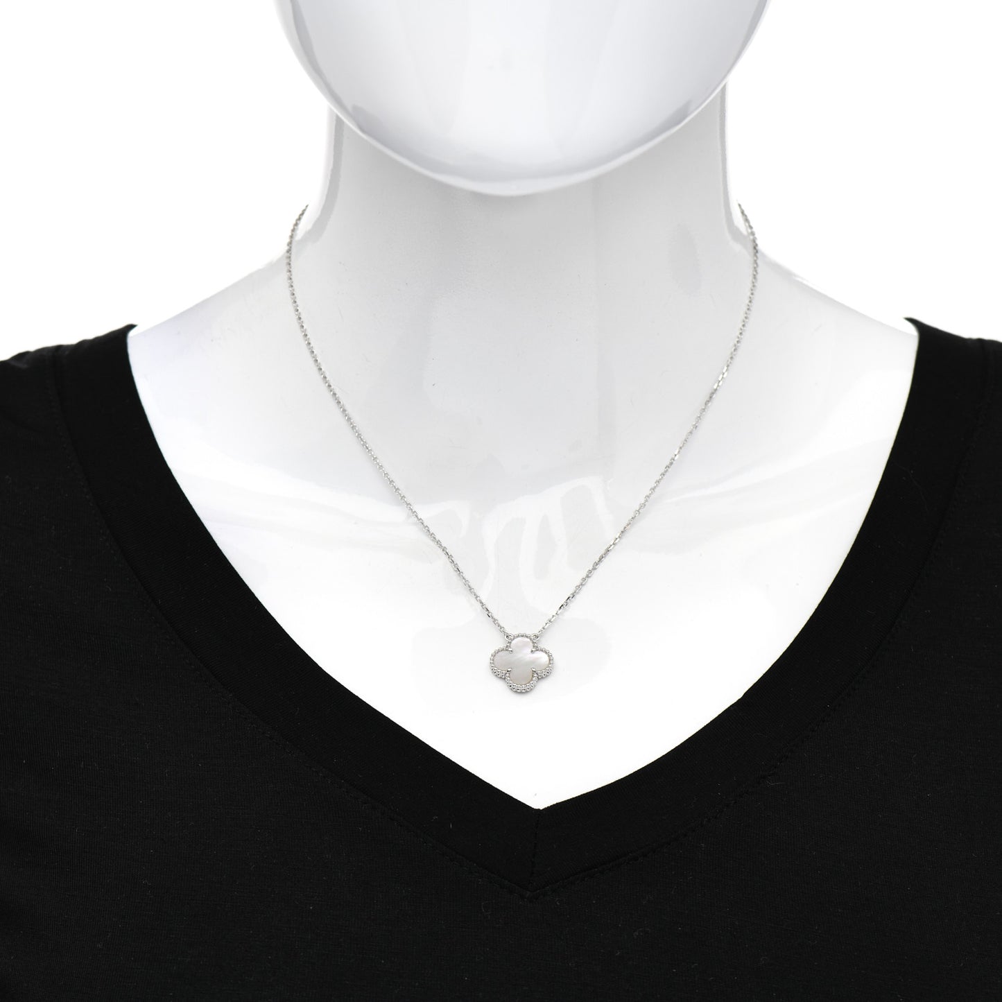 18K White Gold Mother of Pearl Vintage Alhambra Pendant Necklace