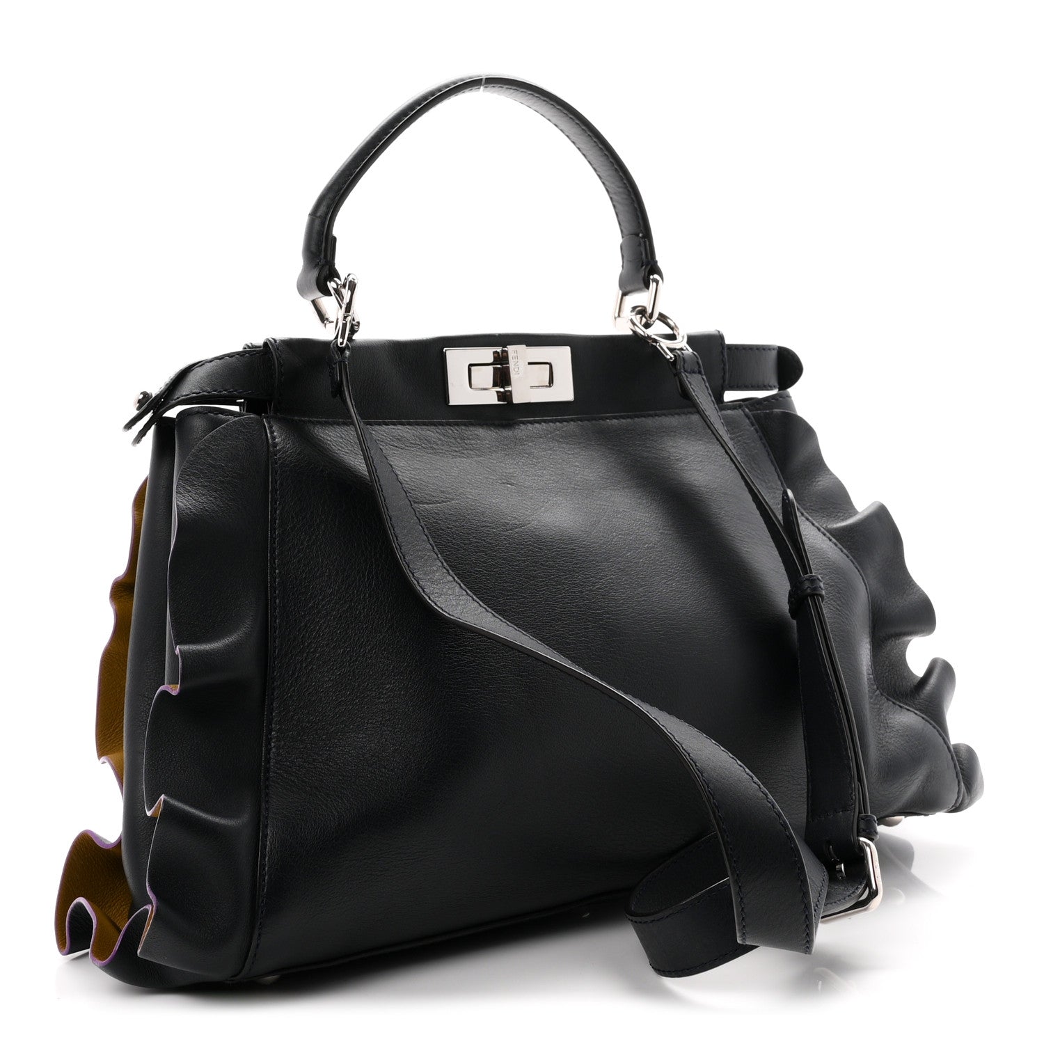 Fendi Vitello Seta Waves Bi-Color Medium Peekaboo Iconic Satchel Blue Notte Mostarda 3 of 10