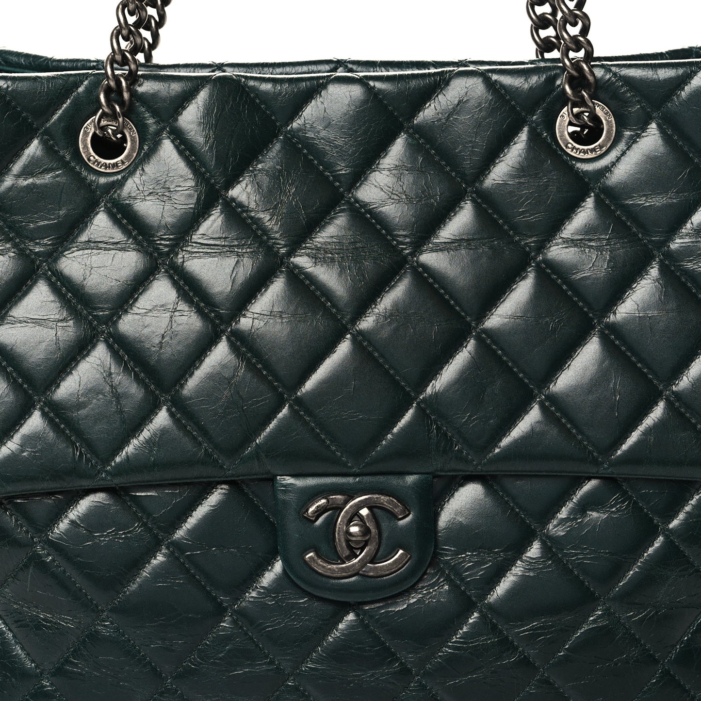 Glazed Calfskin Quilted Large Front Flap Tote Dark Green