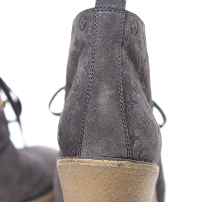Louis Vuitton Monogram Embossed Suede Frosty Wedge Low Boots 38.5 Dark Grey 5 of 13