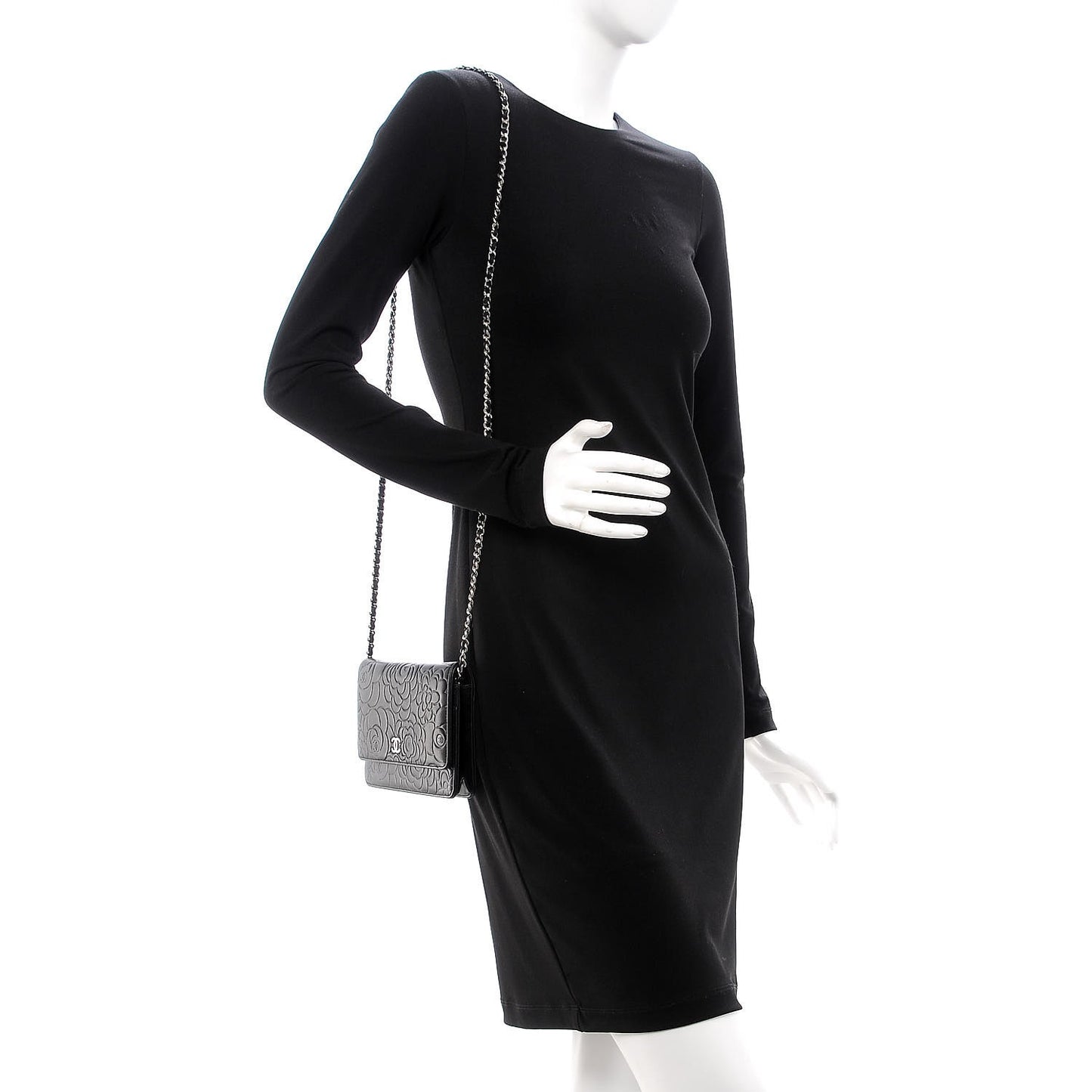 Lambskin Camellia Embossed Wallet On Chain WOC Black