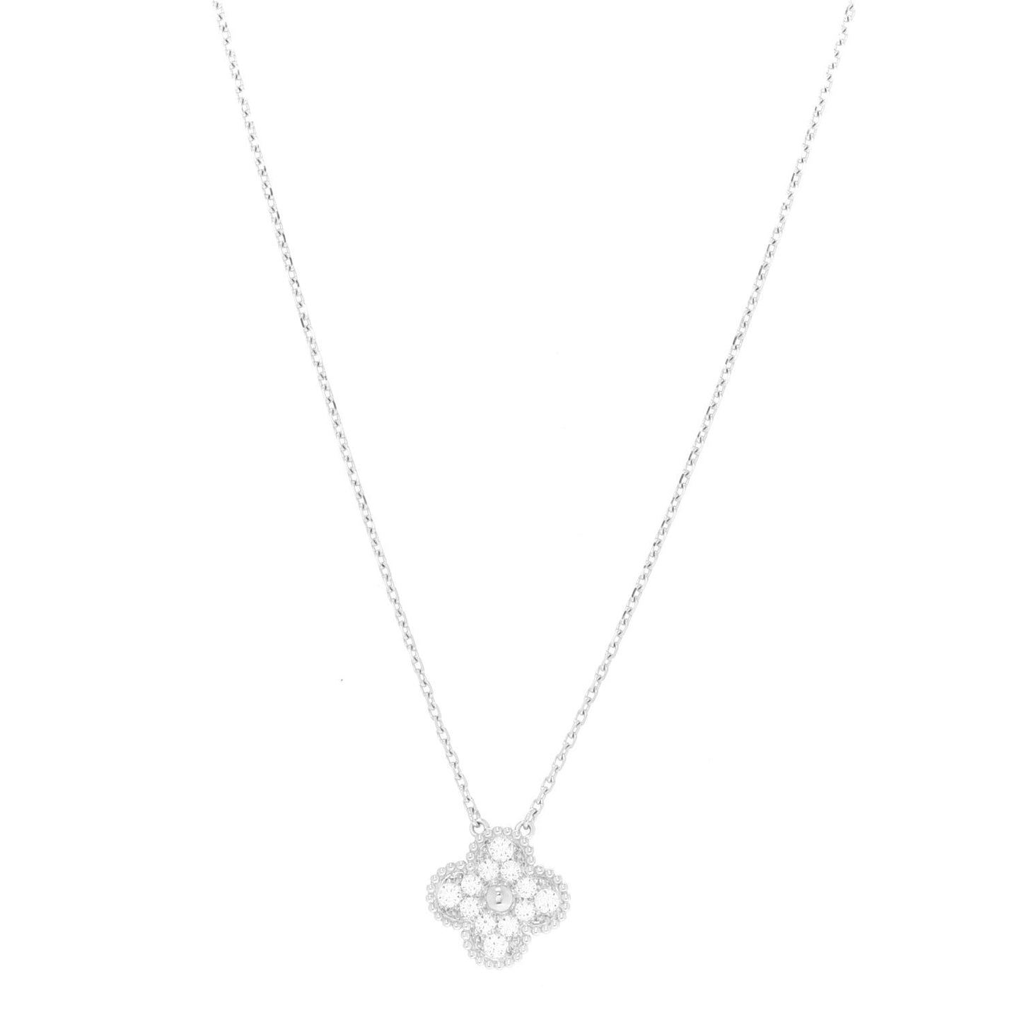 18K White Gold Diamond Vintage Alhambra Pendant Necklace