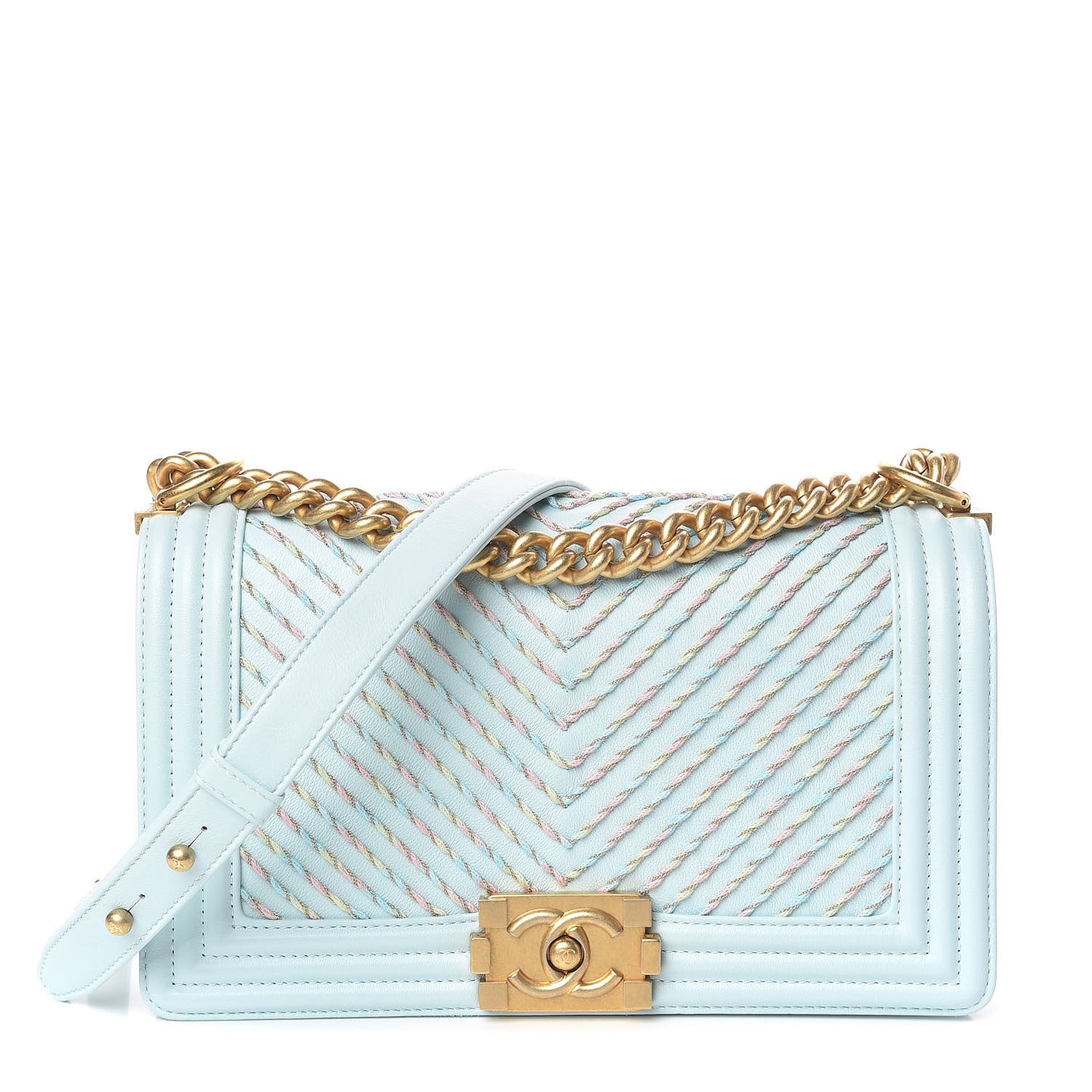Calfskin Chevron Embroidered Medium Boy By The Sea Flap Light Blue