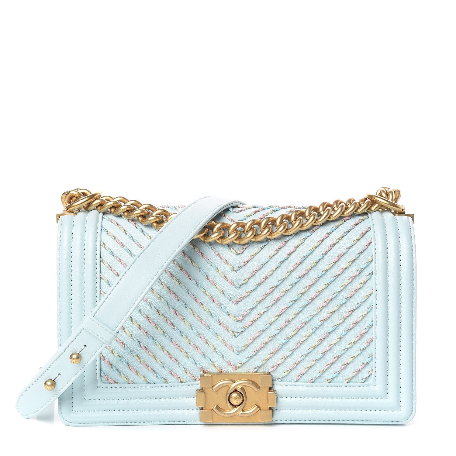 Chanel Calfskin Chevron Embroidered Medium Boy By The Sea Flap Light Blue 1 of 9