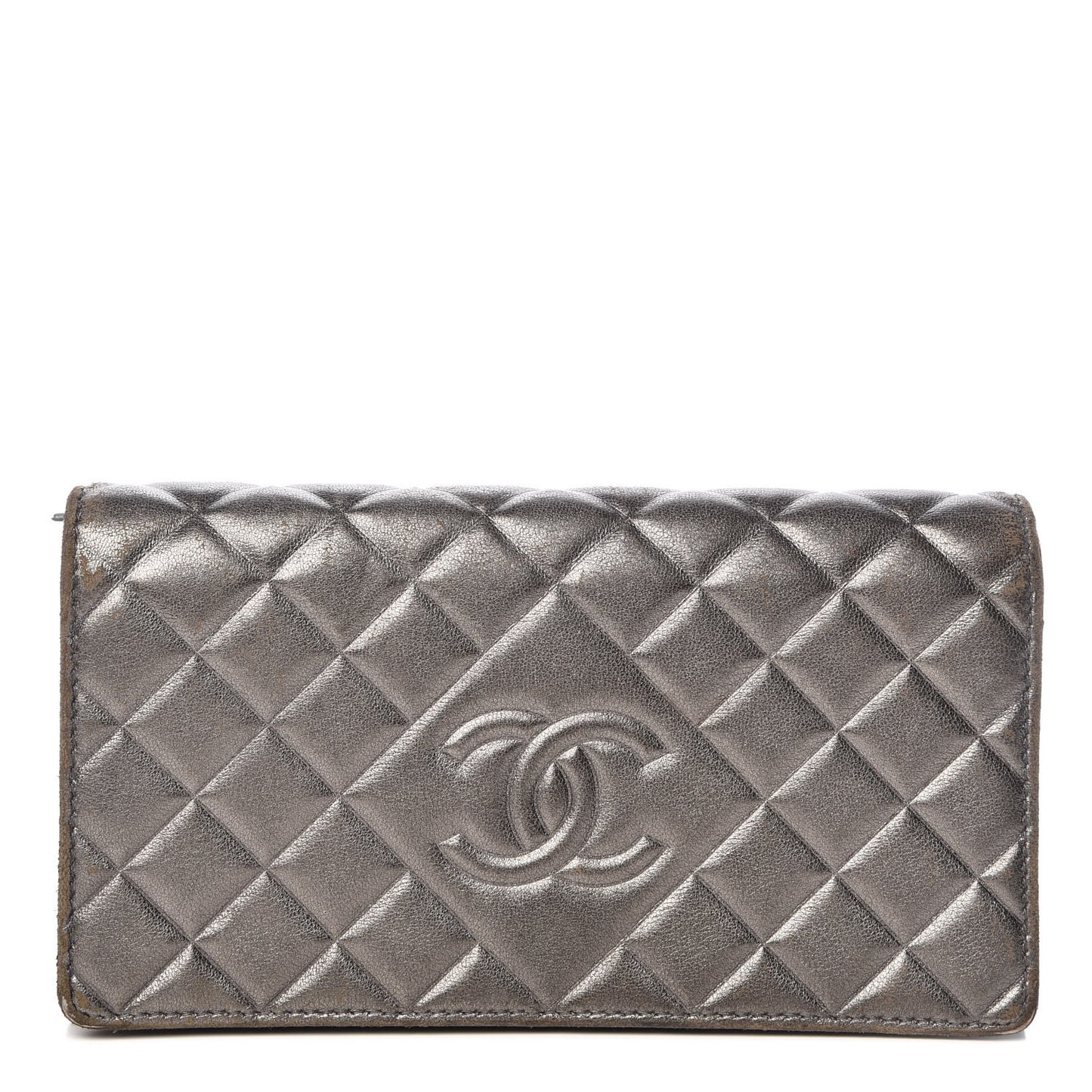 Calfskin Quilted Large Diamond CC Flap Wallet Dark Silver