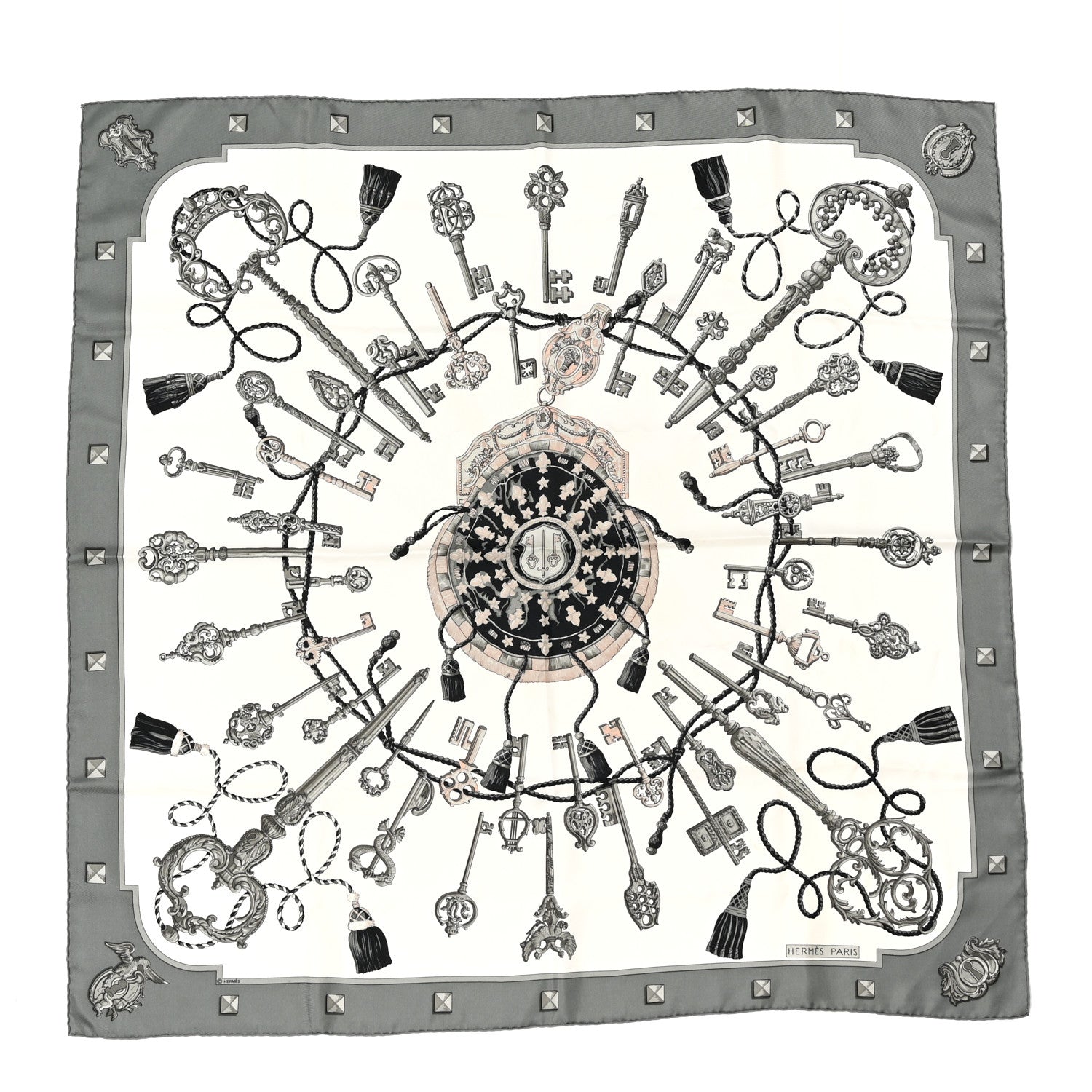 Hermes Silk Les Cles Scarf 90 Gris Chine Black 1 of 6