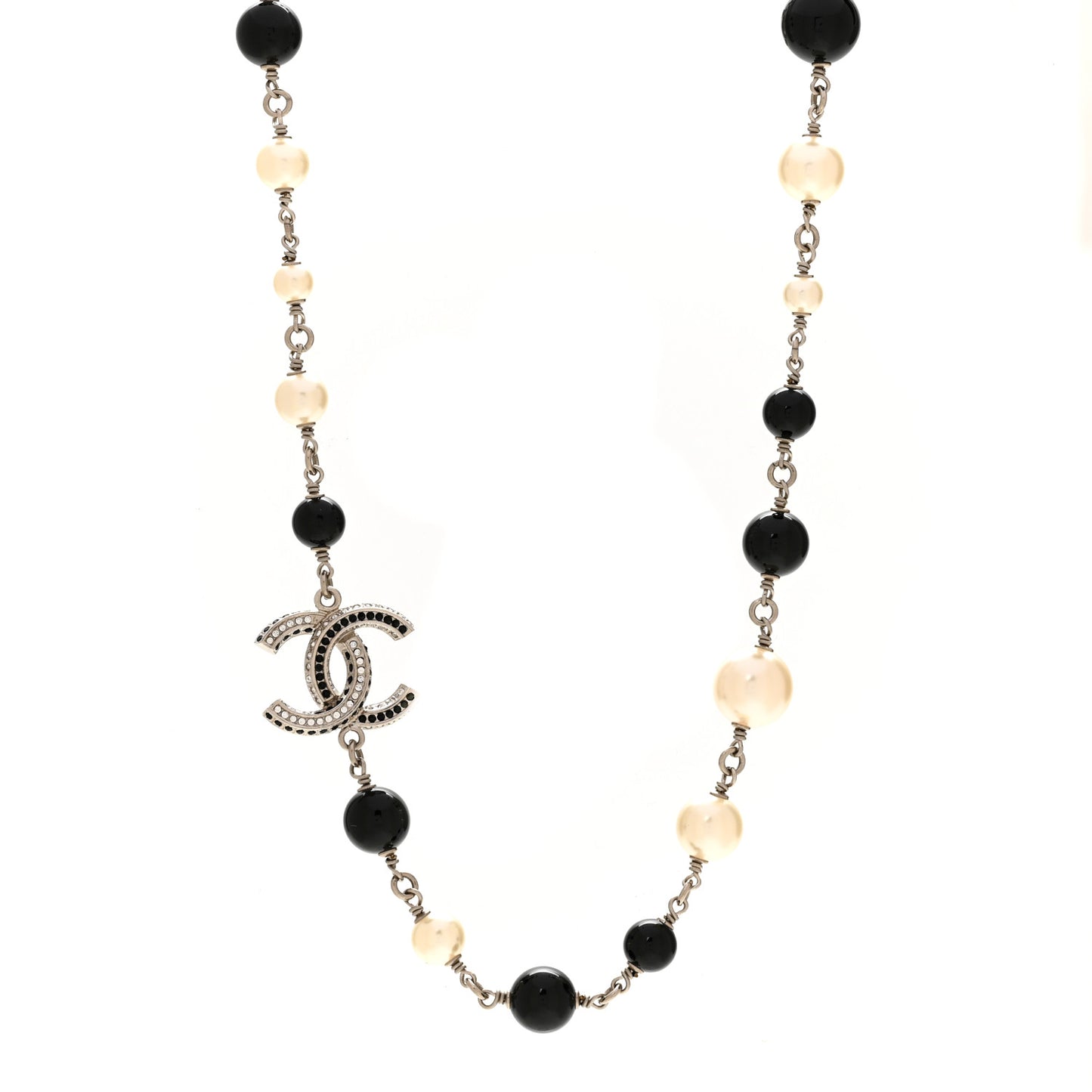 Metal Pearl Bead Crystal CC Necklace Silver Black