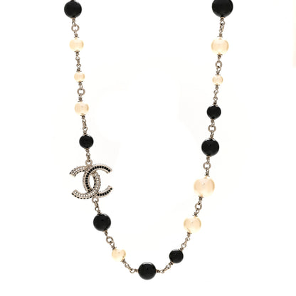 Chanel Metal Pearl Bead Crystal CC Necklace Silver Black 1 of 6
