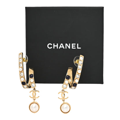 Chanel Crystal CC Hoop Drop Earrings Gold Pearly White 5 of 5