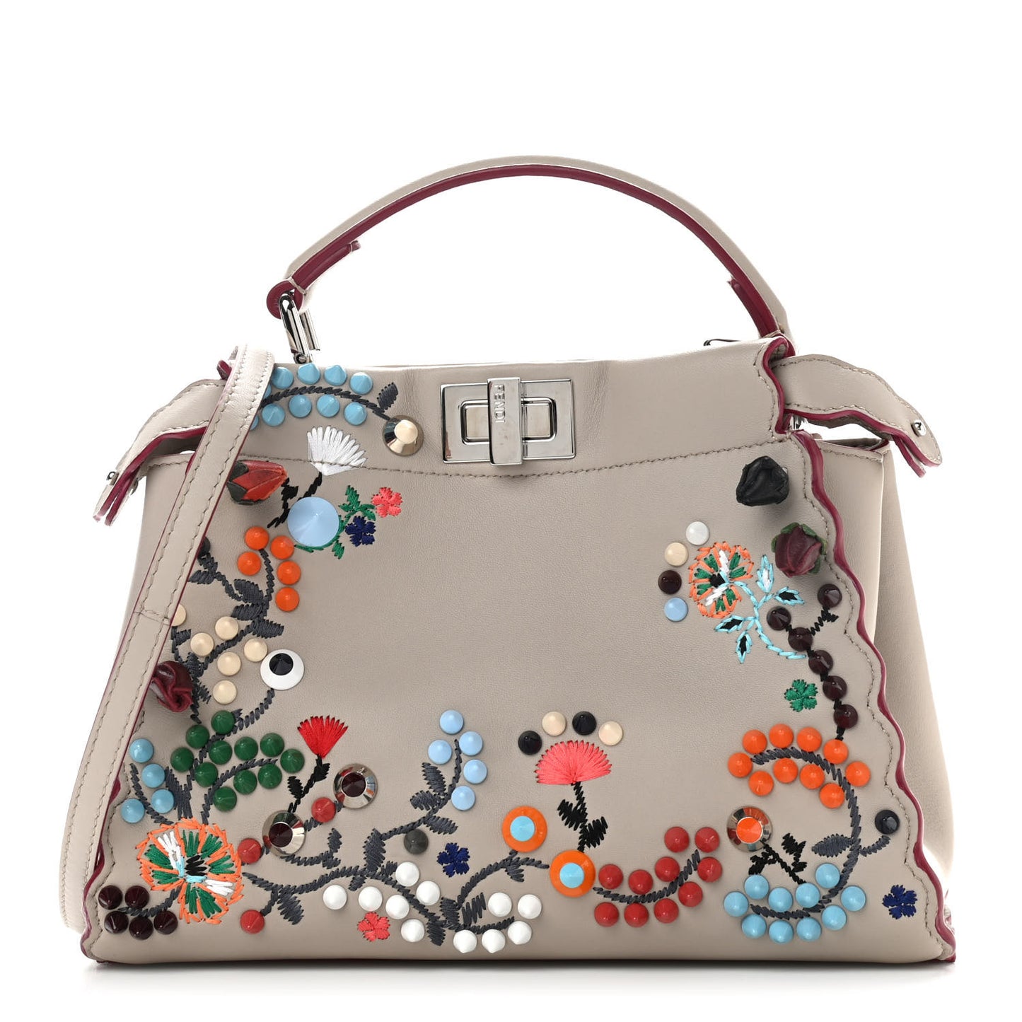 Nappa Embroidered Flower Scalloped Mini Peekaboo Iconic Satchel Grigio Polvere