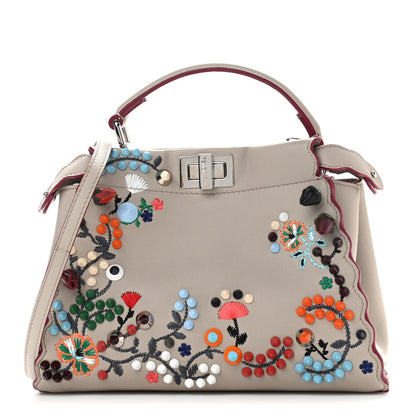 Fendi Nappa Embroidered Flower Scalloped Mini Peekaboo Iconic Satchel Grigio Polvere 1 of 12