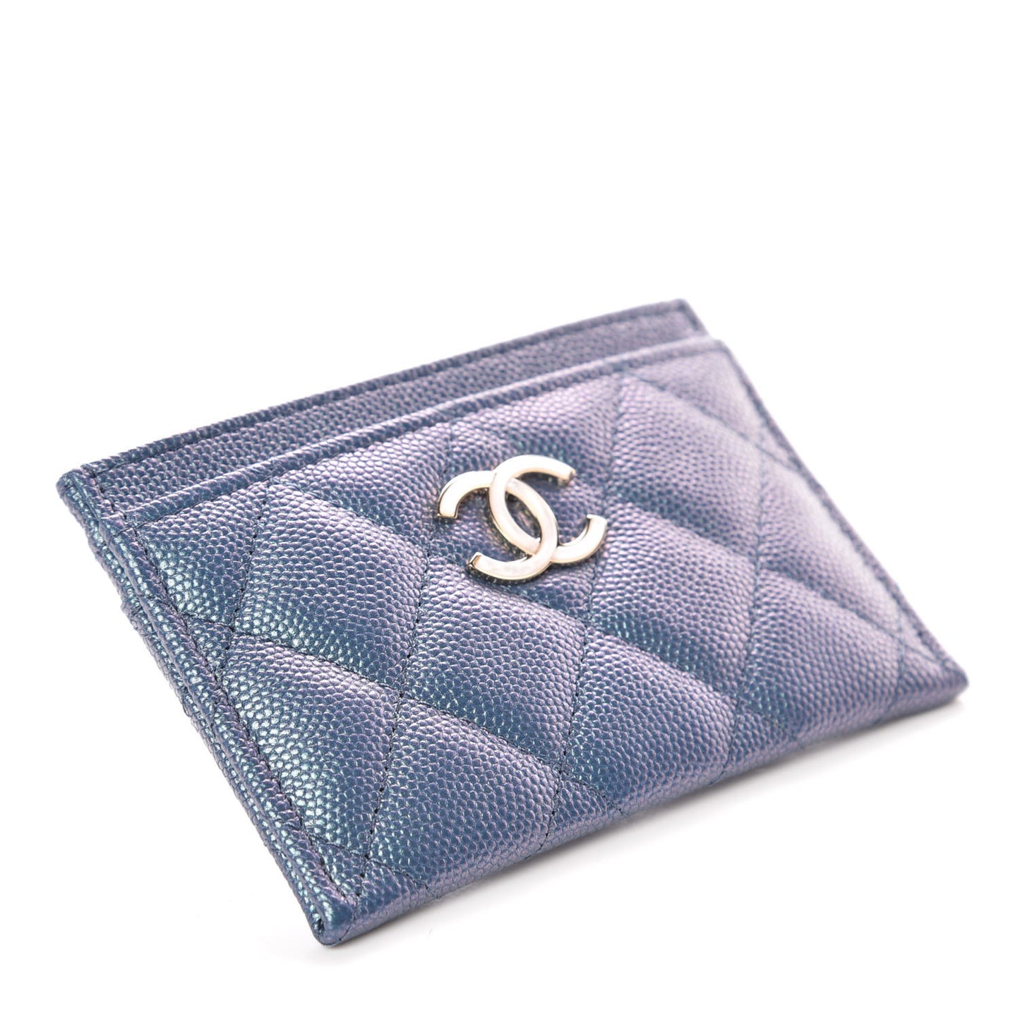 Iridescent Caviar Quilted Card Holder Dark Blue