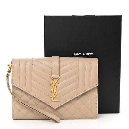 Saint Laurent Grain De Poudre Textured Mixed Matelasse Triquilt Monogram Clutch Dark Beige 8 of 8