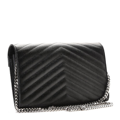 Saint Laurent Grain De Poudre Matelasse Chevron Monogram Chain Wallet Black 2 of 7