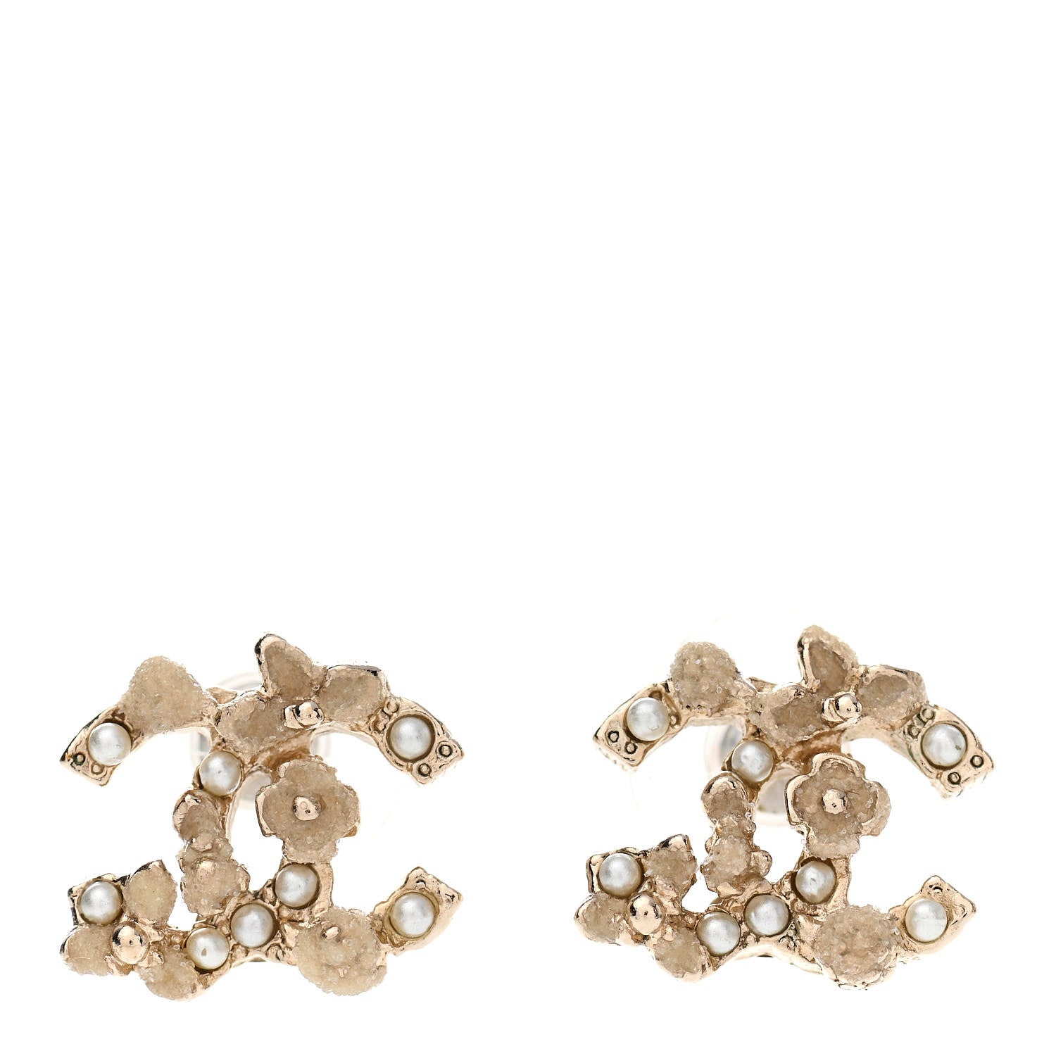 Chanel Pearl Crystal CC Flower Earrings Gold 1 of 5