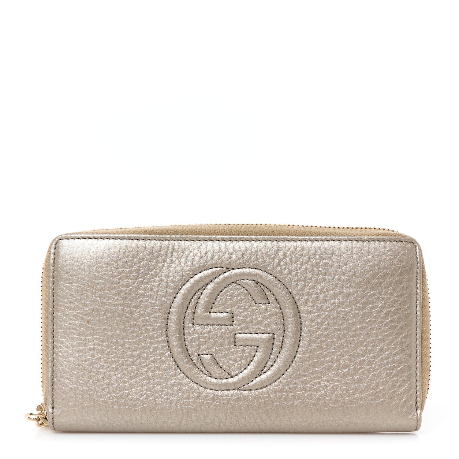 Gucci Metallic Pebbled Calfskin Soho Zip Around Wallet Golden Beige 1 of 8