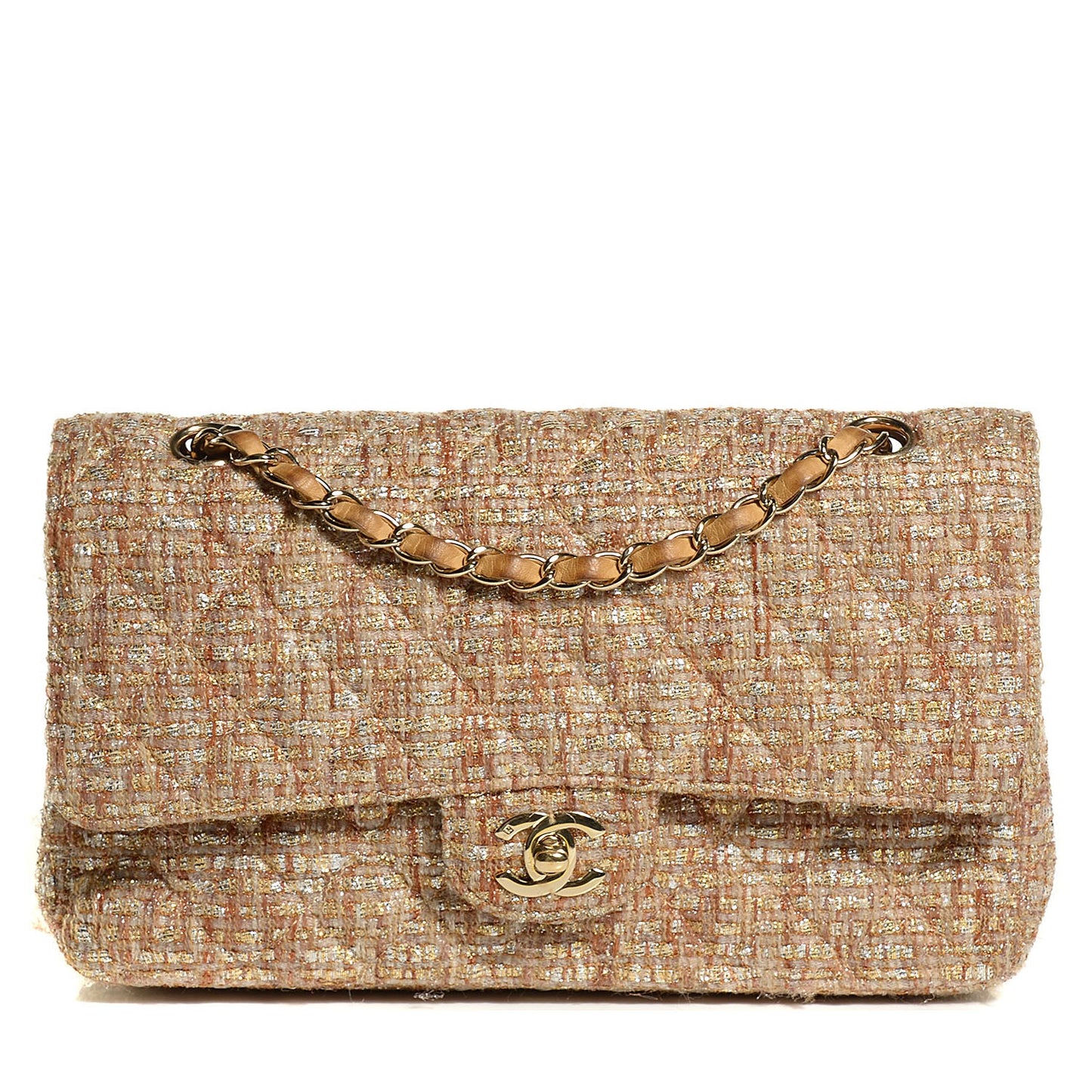 Tweed Quilted Medium Double Flap Brown Gold