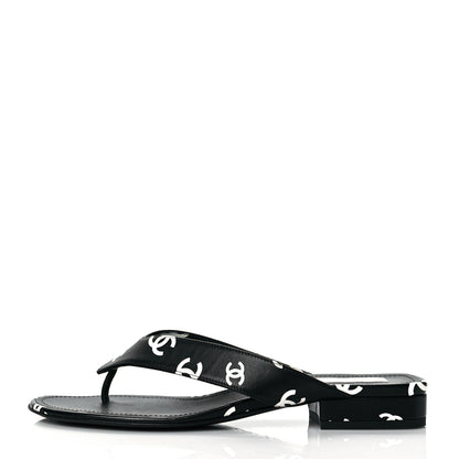 Chanel Lambskin Printed CC Thong Sandals 38.5 Black White 1 of 10