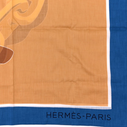 Hermes Cotton Escale A La Plage Beach Pareo Bleu Fauve 2 of 3