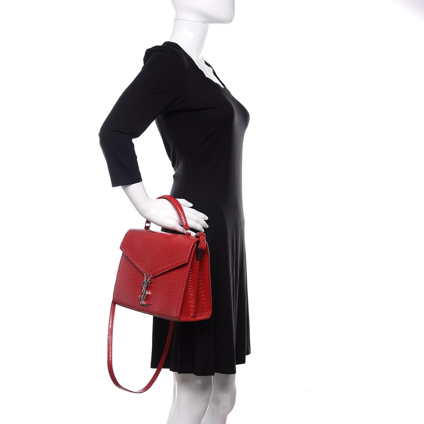 Calfskin Crocodile Embossed Medium Classic Monogram Cassandra Top Handle Red