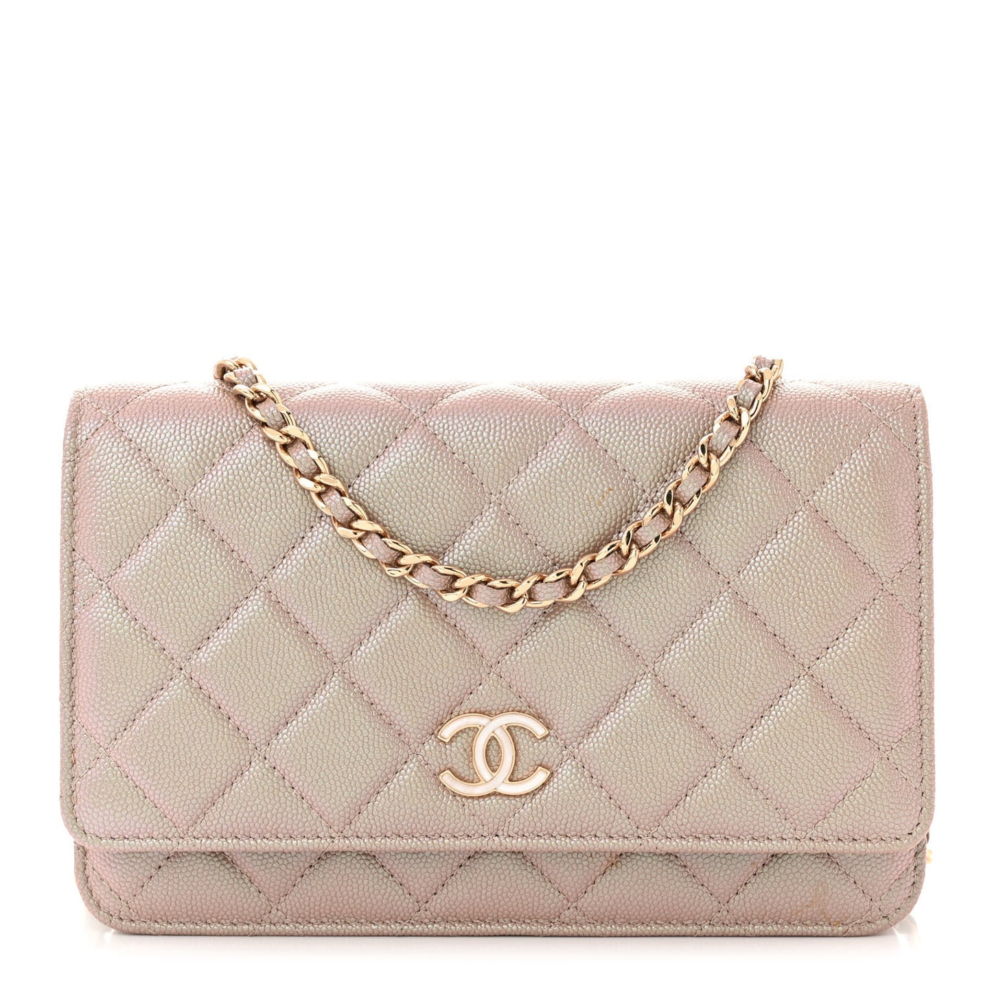 Iridescent Caviar Quilted Wallet on Chain WOC Beige