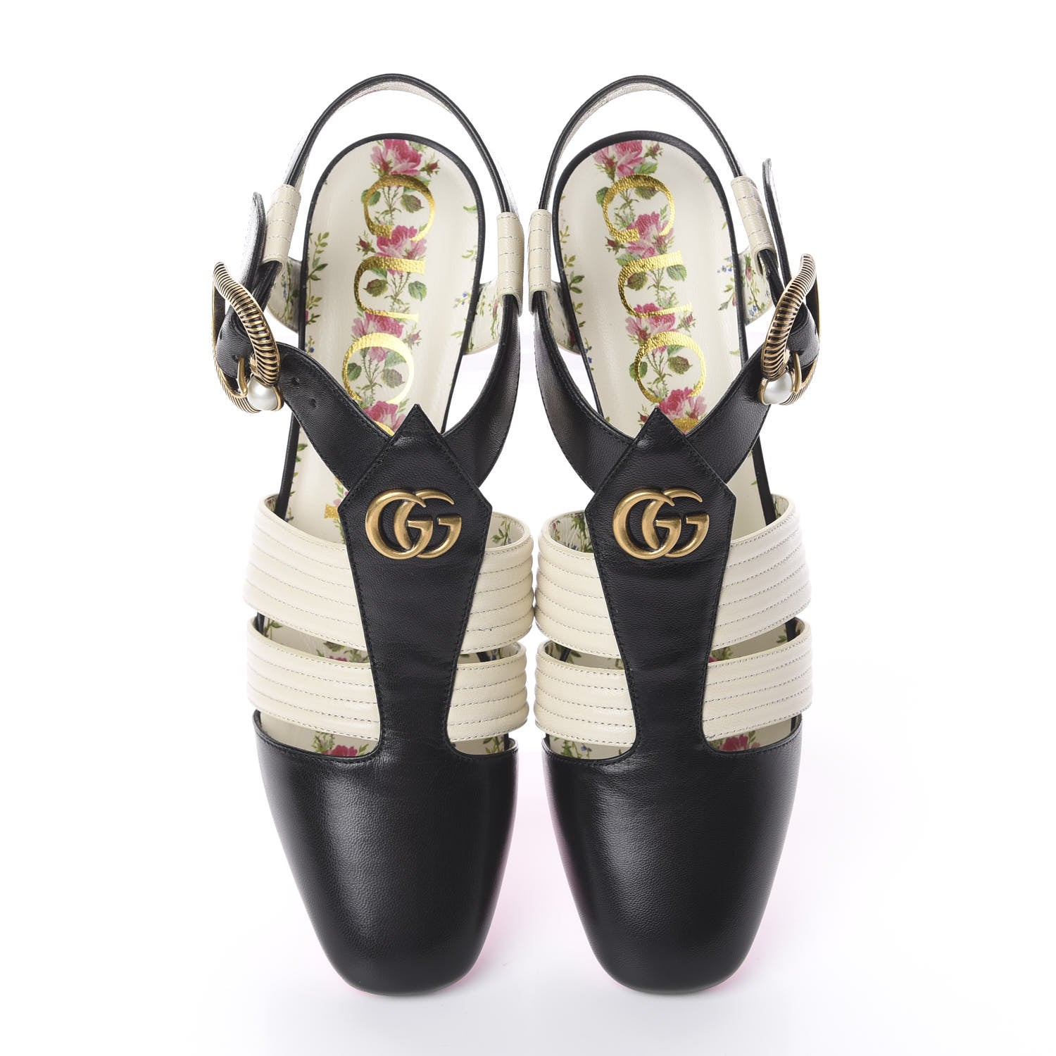 Gucci Malaga Kid T-Strap Mid Heel Sandals 36 Black White 5 of 14