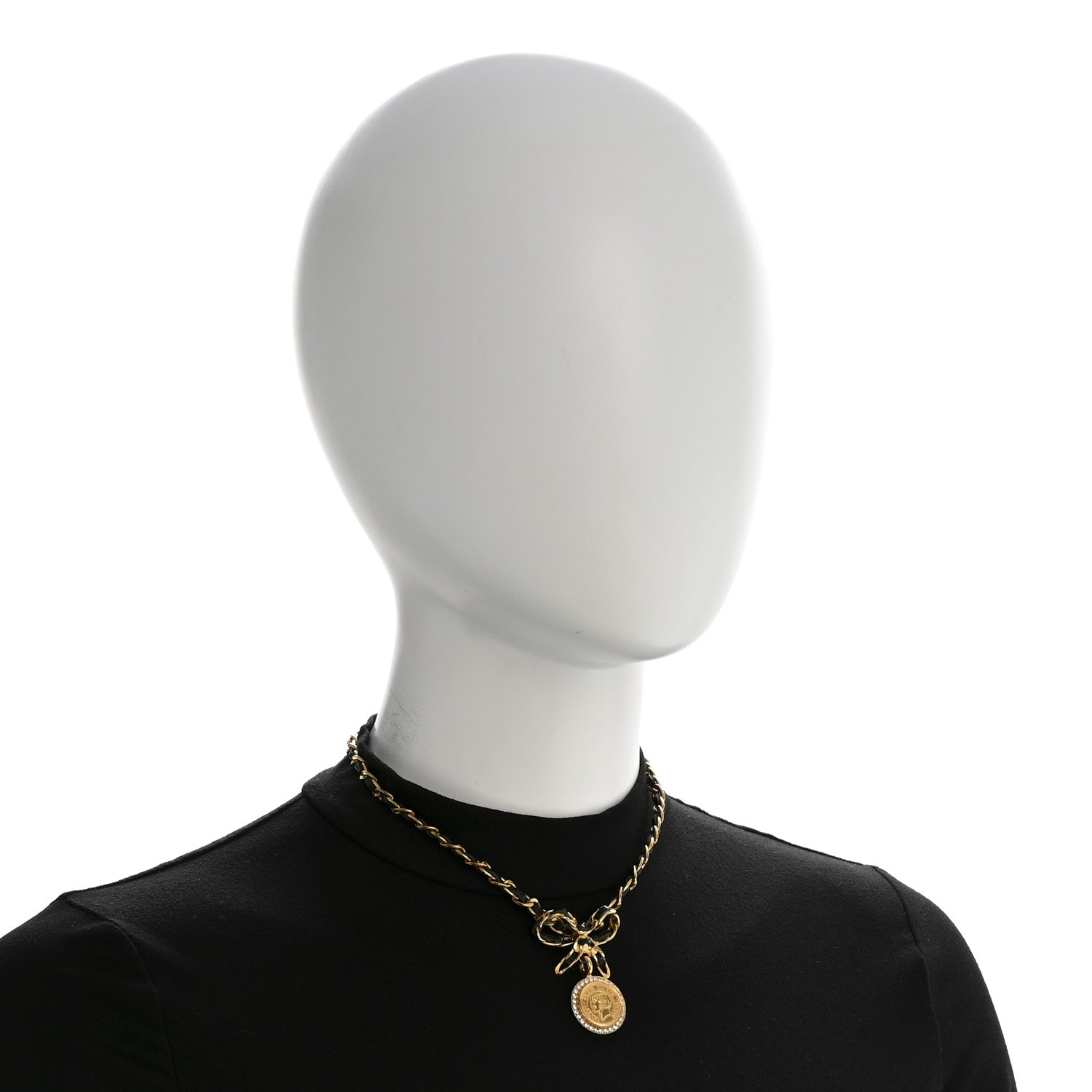 Chanel Metal Lambskin Chain Bow Medallion Necklace Black Gold 2 of 7