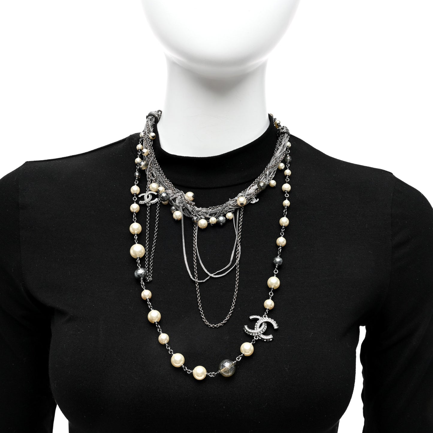 Pearl Beaded Crystal CC Multi Strand Necklace Ruthenium