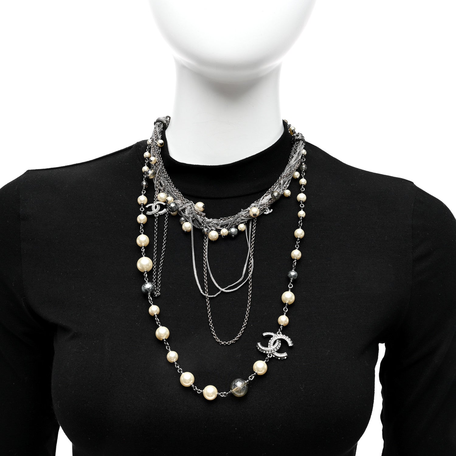 Chanel Pearl Beaded Crystal CC Multi Strand Necklace Ruthenium 2 of 4