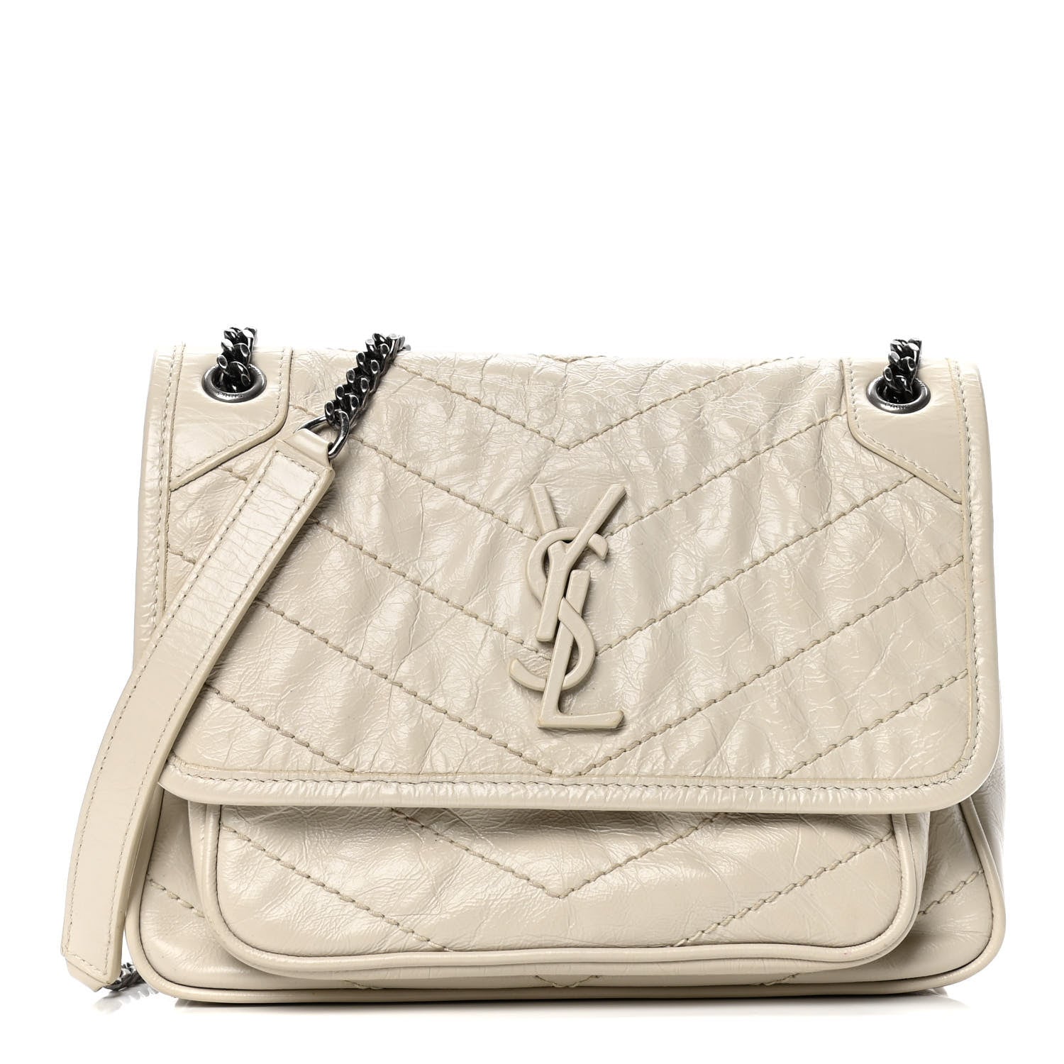 Saint Laurent Crinkled Calfskin Matelasse Monogram Baby Niki Chain Satchel Ivory 1 of 5
