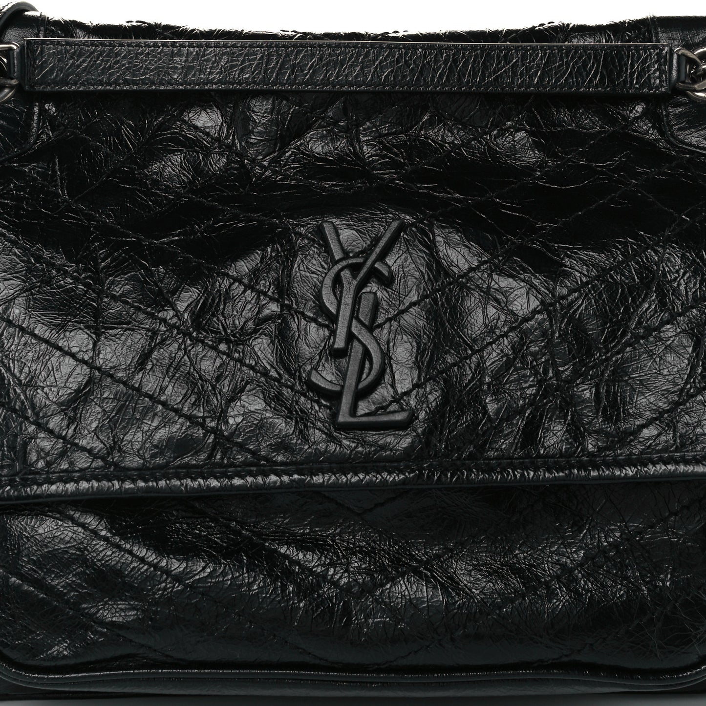 Crinkled Calfskin Matelasse Monogram Large Niki Chain Satchel Black