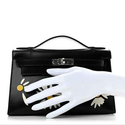 Hermes Box Marquetry Daisies Kelly Pochette Clutch Black White Jaune De Naples 2 of 10