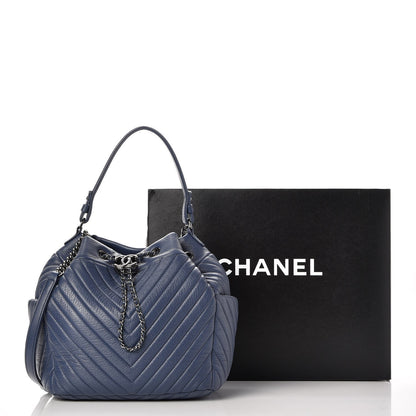 Chanel Deerskin Chevron Medium Chain Bucket Bag Blue 9 of 9