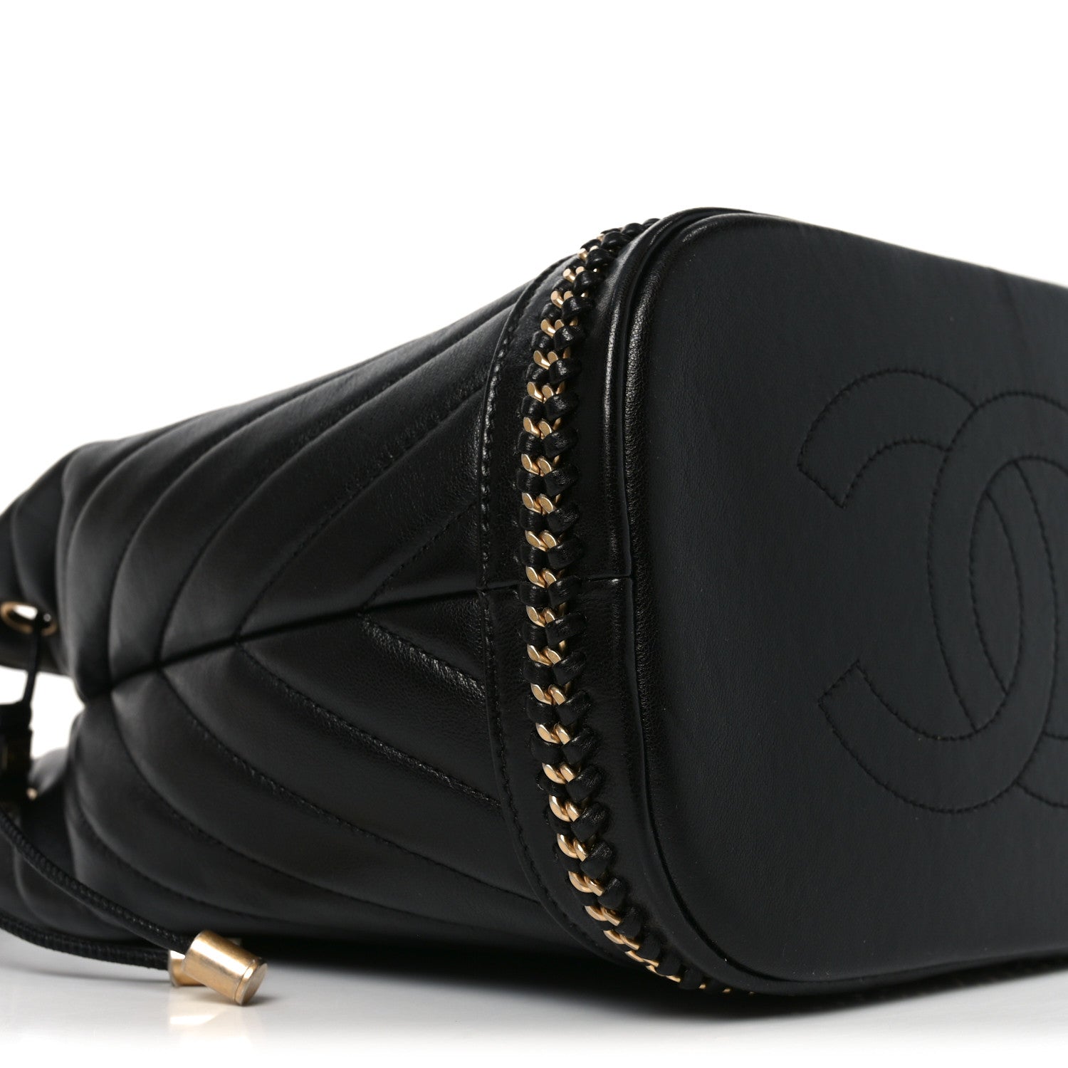 Chanel Sheepskin Chevron Quilted Drawstring Bag Black 9 of 10