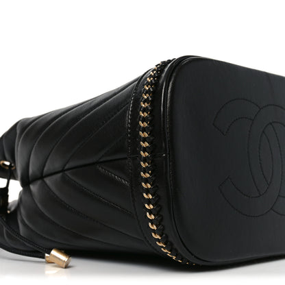Chanel Sheepskin Chevron Quilted Drawstring Bag Black 9 of 10
