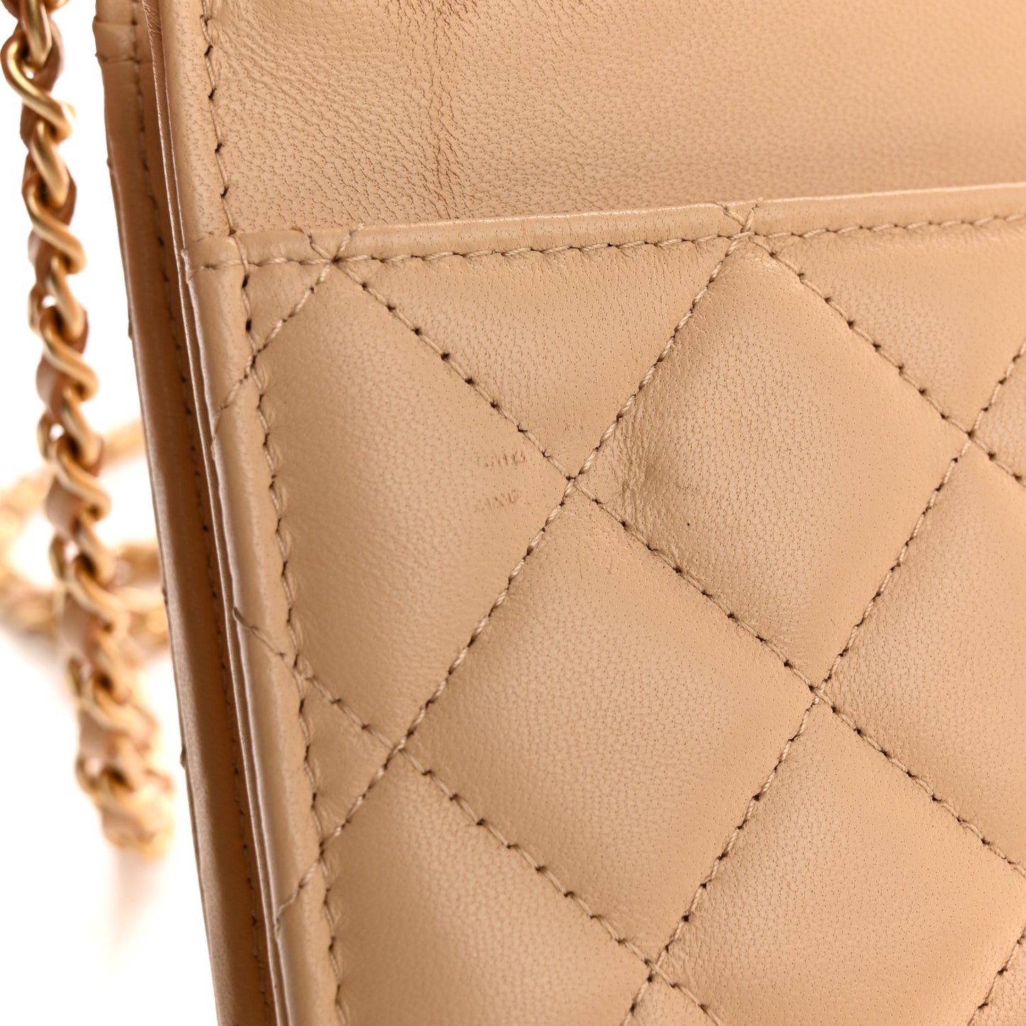 Lambskin Quilted CC Pearl Crush Wallet on Chain WOC Light Beige
