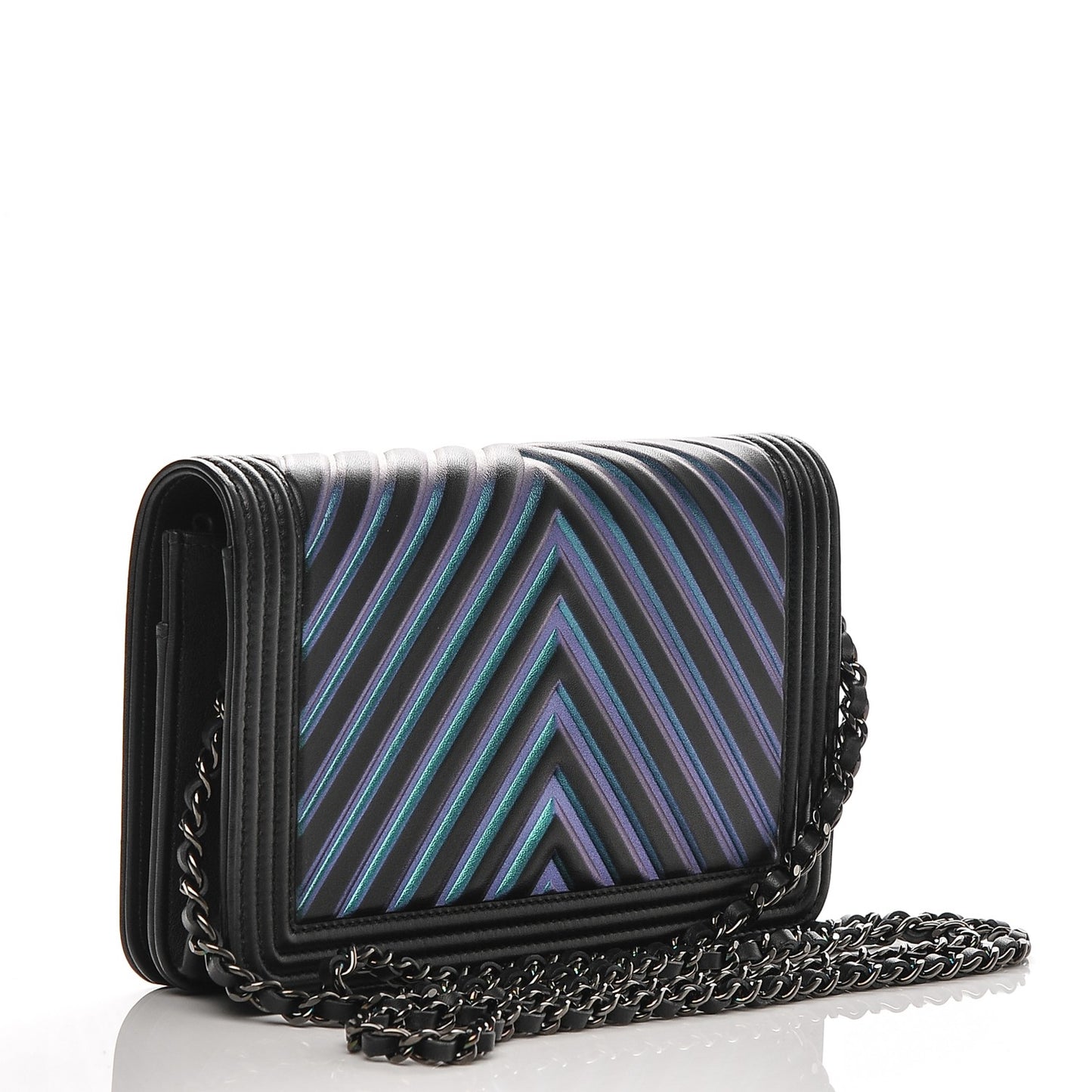 Calfskin Painted Chevron Embossed Boy Wallet On Chain WOC Black
