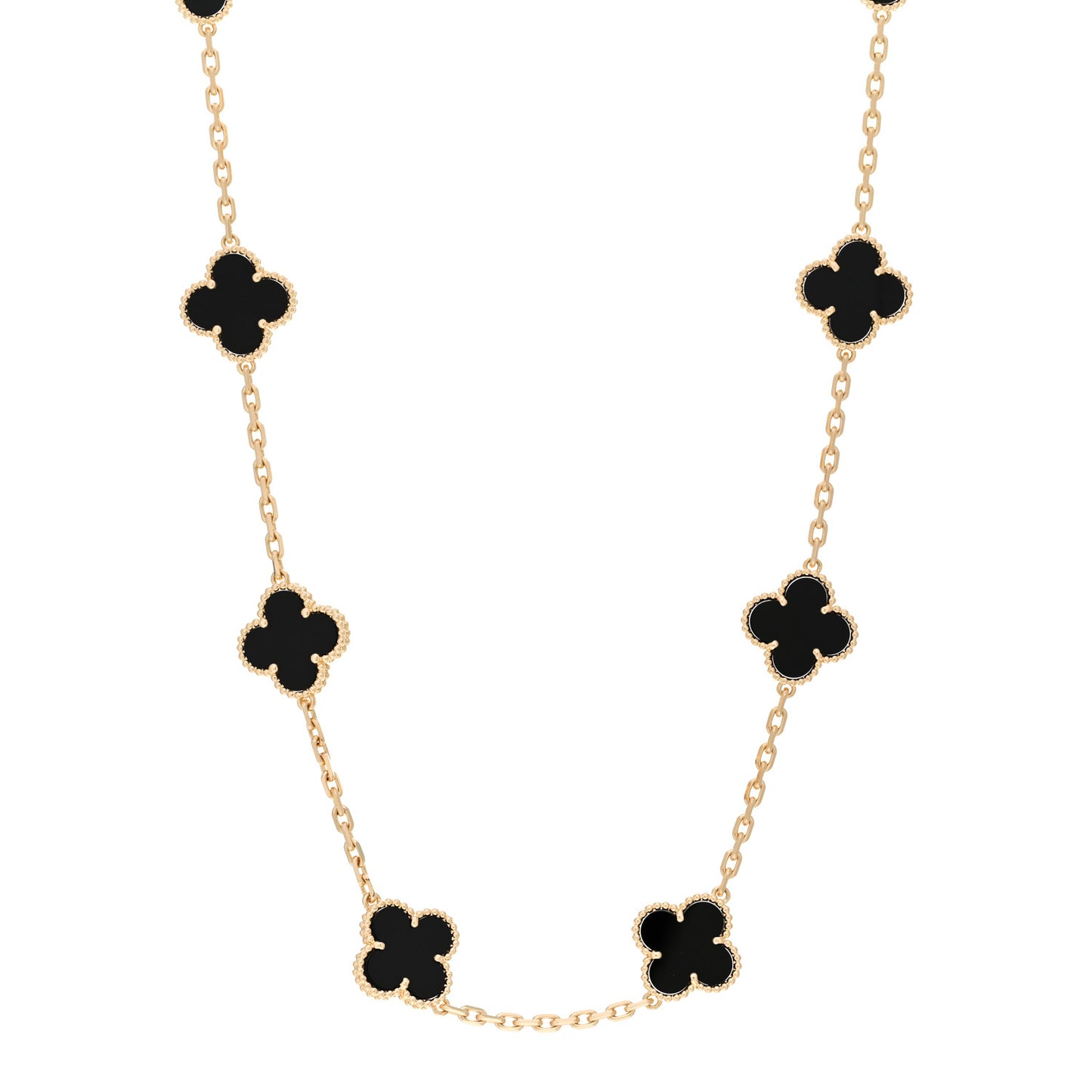 18K Yellow Gold Black Onyx 10 Motifs Vintage Alhambra Necklace