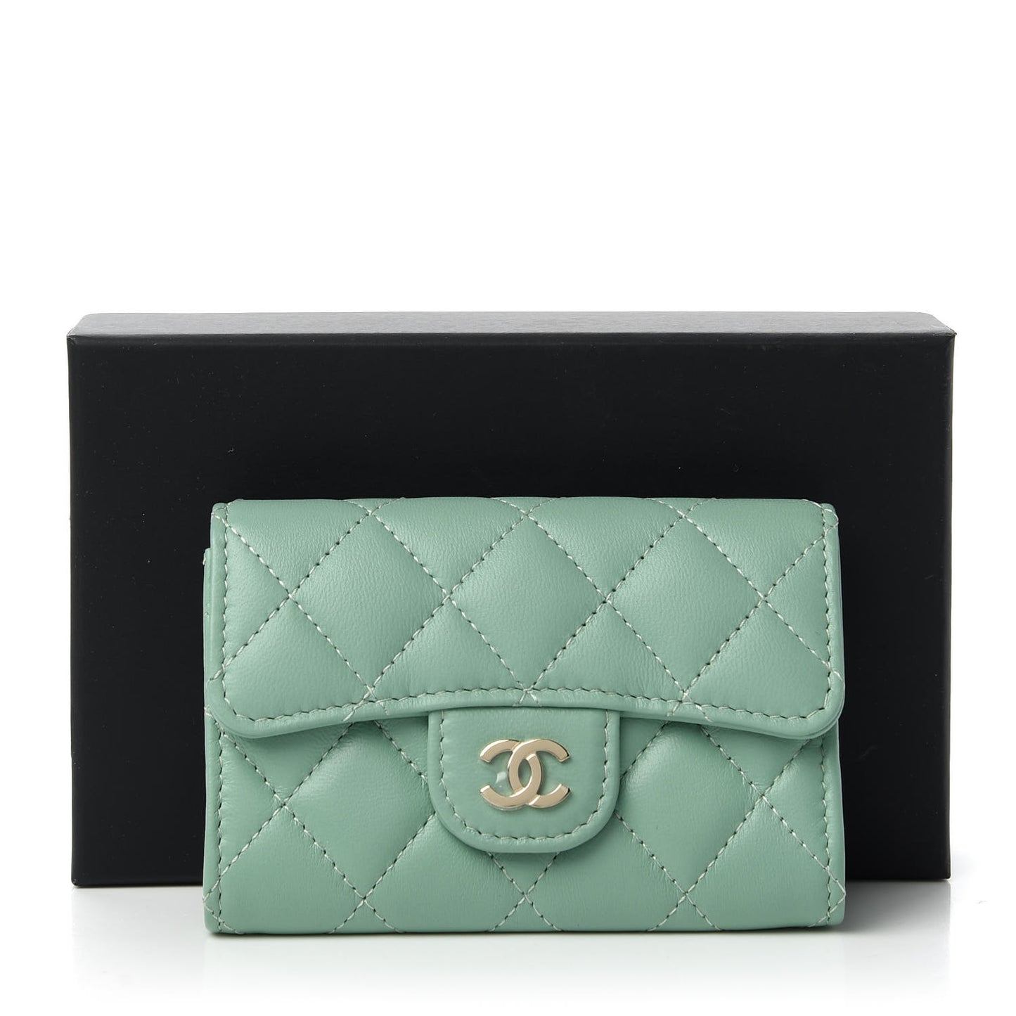Lambskin Quilted Flap Card Holder Wallet Green