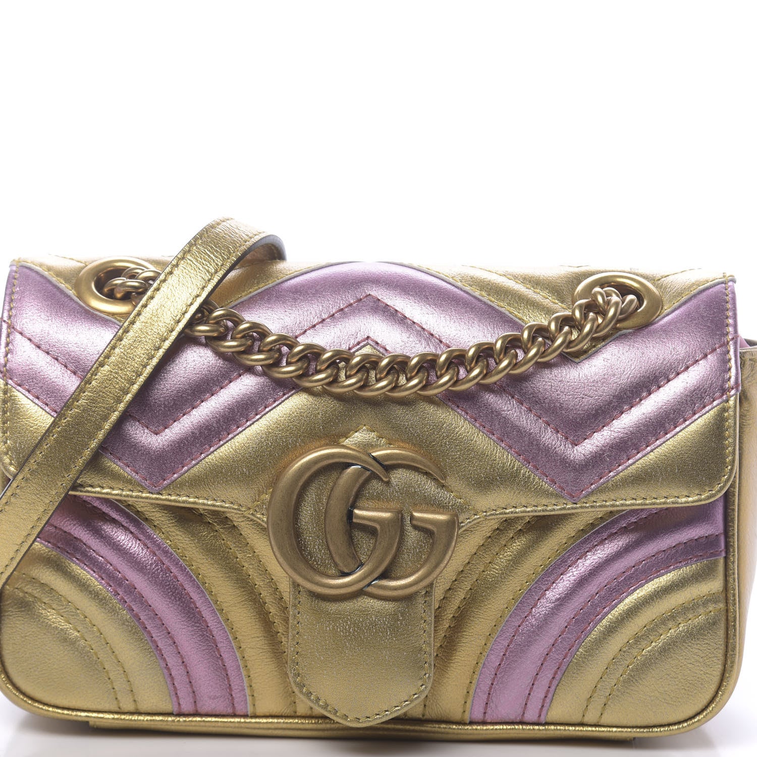 Gucci Metallic Calfskin Matelasse Mini GG Marmont Shoulder Bag Gold Pink 11 of 13