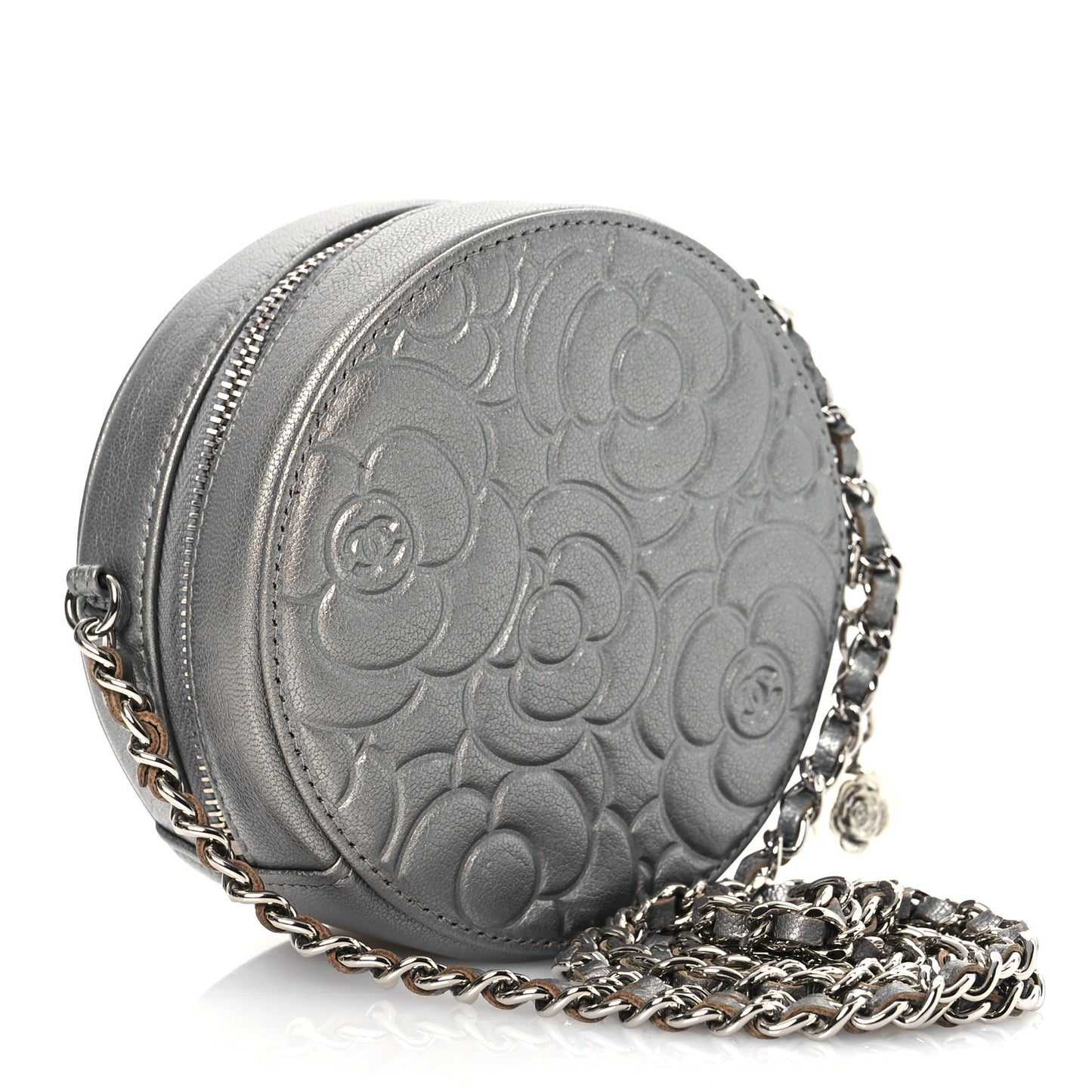 Goatskin Camellia Embossed Round Clutch With Chain Grey