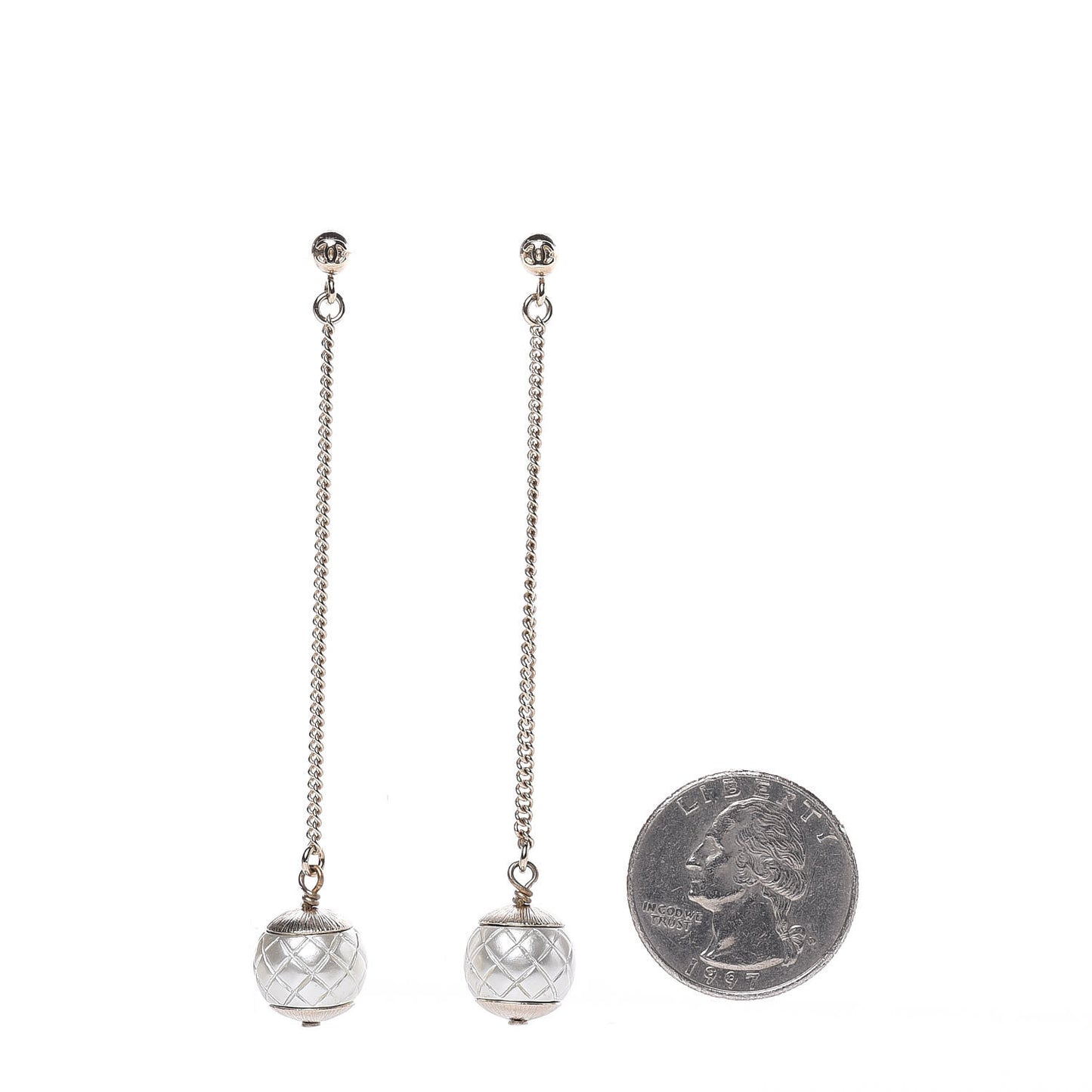 Metal Pearl Quilted CC Drop Earrings Gold