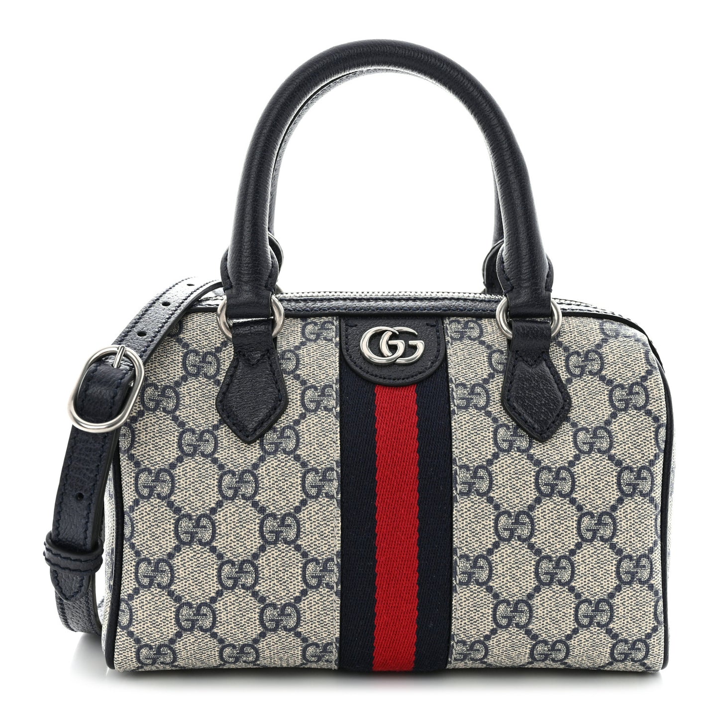 GG Supreme Monogram Textured Dollar Calfskin Web Mini Ophidia Top Handle Bag Beige Blue