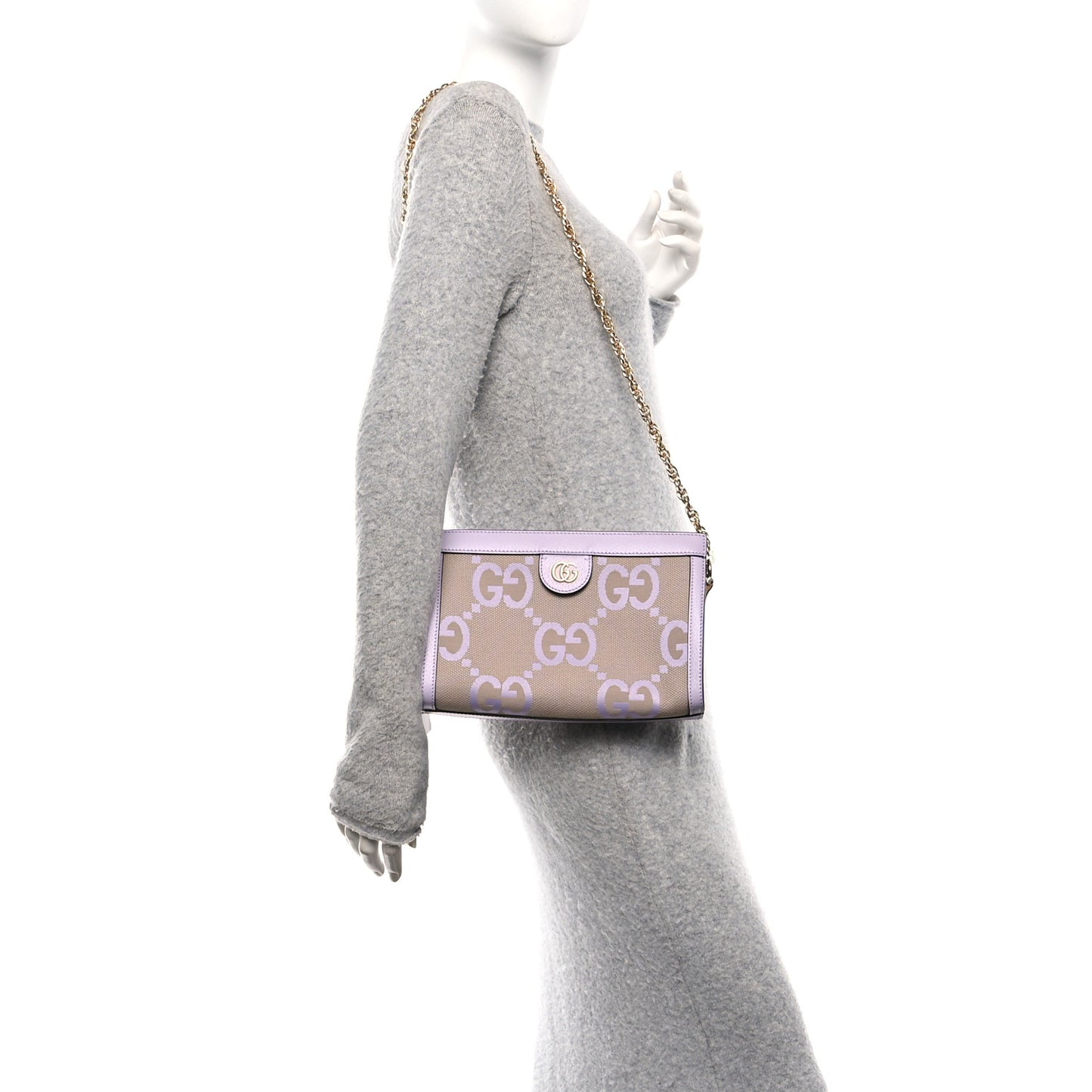 Monogram Jumbo GG Textured Dollar Calfskin Small Ophidia Chain Shoulder Bag Beige Lapis