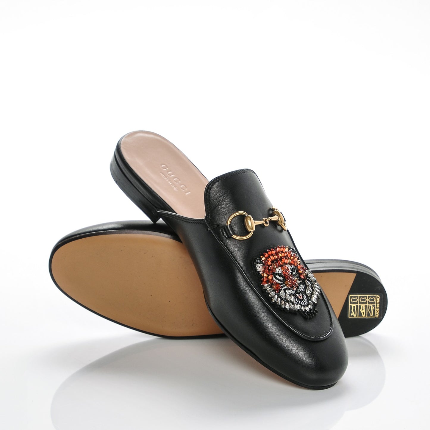 Calfskin Crystal Tiger Embroidered Womens Princetown Slippers 36 Black
