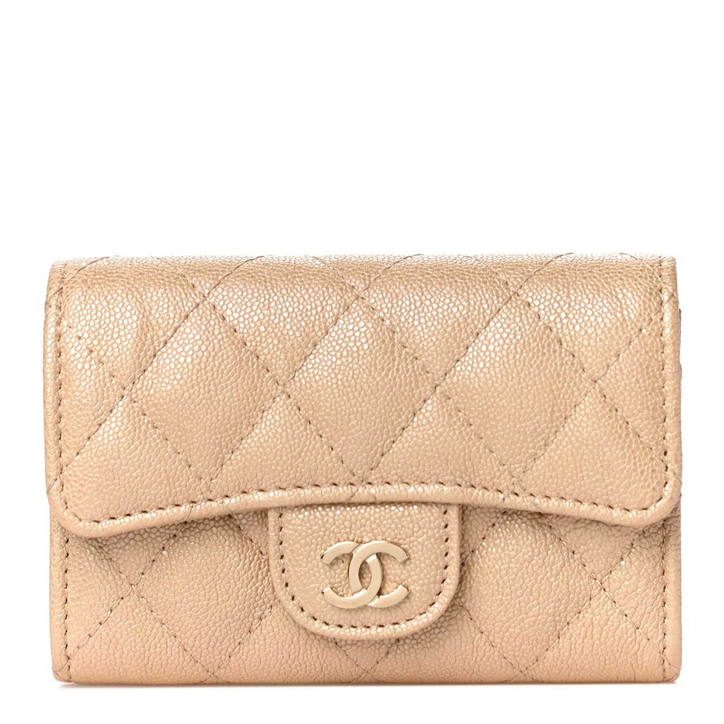 Iridescent Caviar Quilted Flap Card Holder Beige