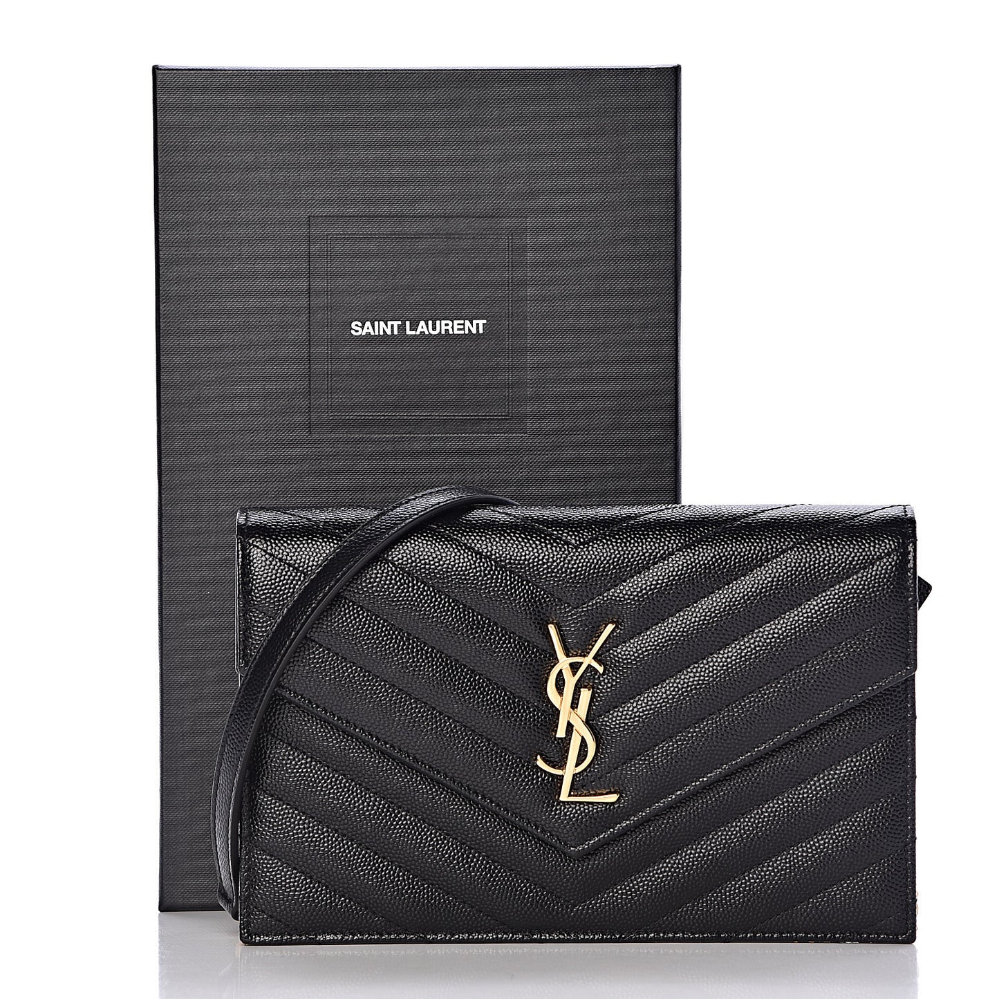 Grain De Poudre Matelasse Chevron Monogram Envelope Chain Wallet Black