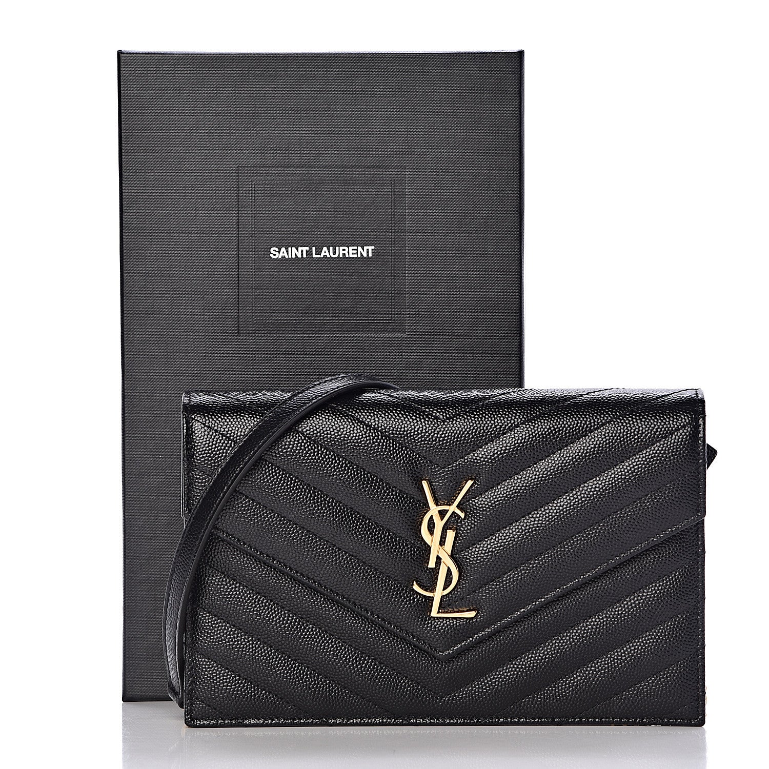 Saint Laurent Grain De Poudre Matelasse Chevron Monogram Envelope Chain Wallet Black 10 of 10