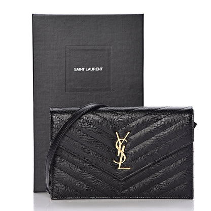 Saint Laurent Grain De Poudre Matelasse Chevron Monogram Envelope Chain Wallet Black 10 of 10